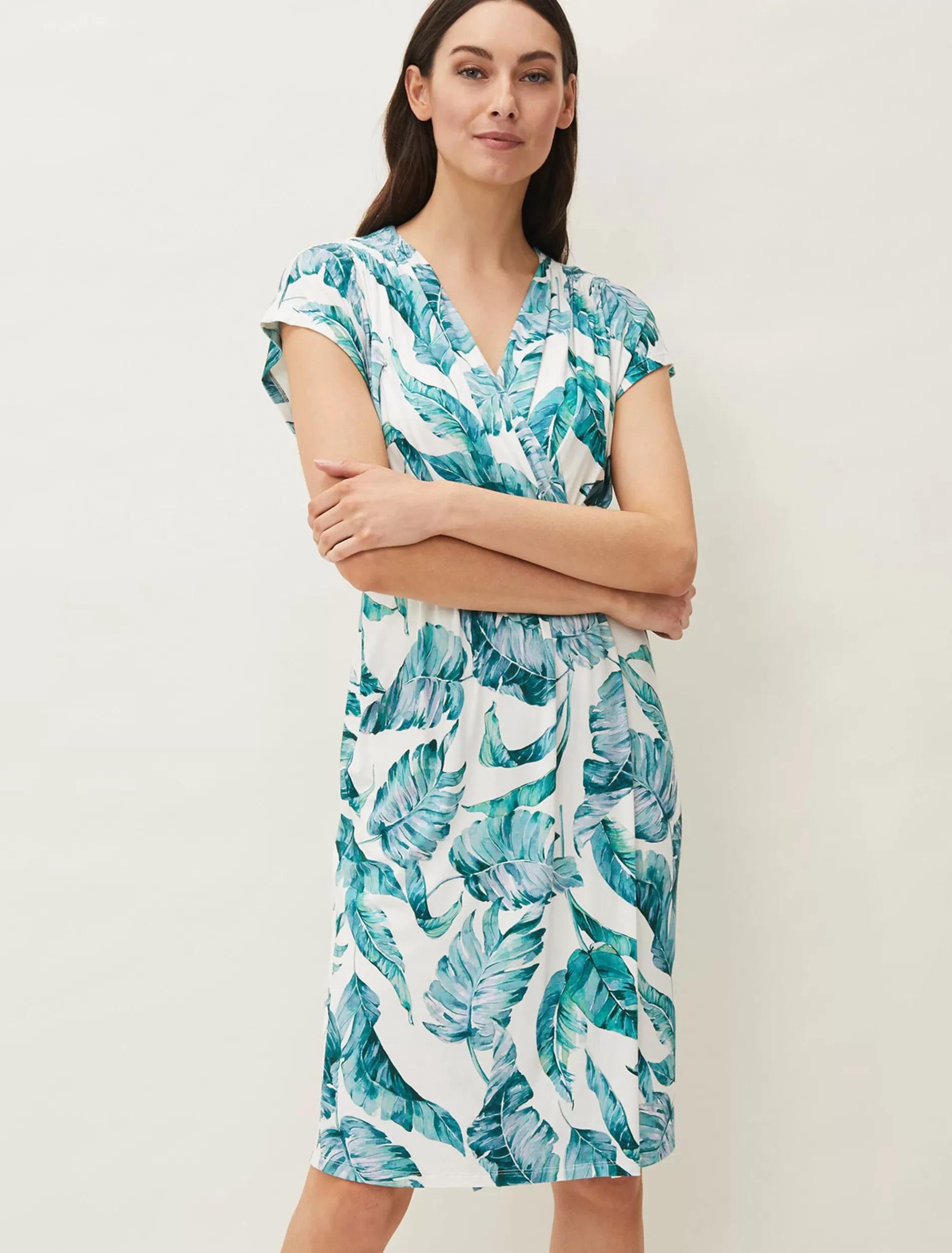 Phase Eight Palms Print Fitted Short Sleeved Jersey Dress Aquamarine/Ecru Outlet