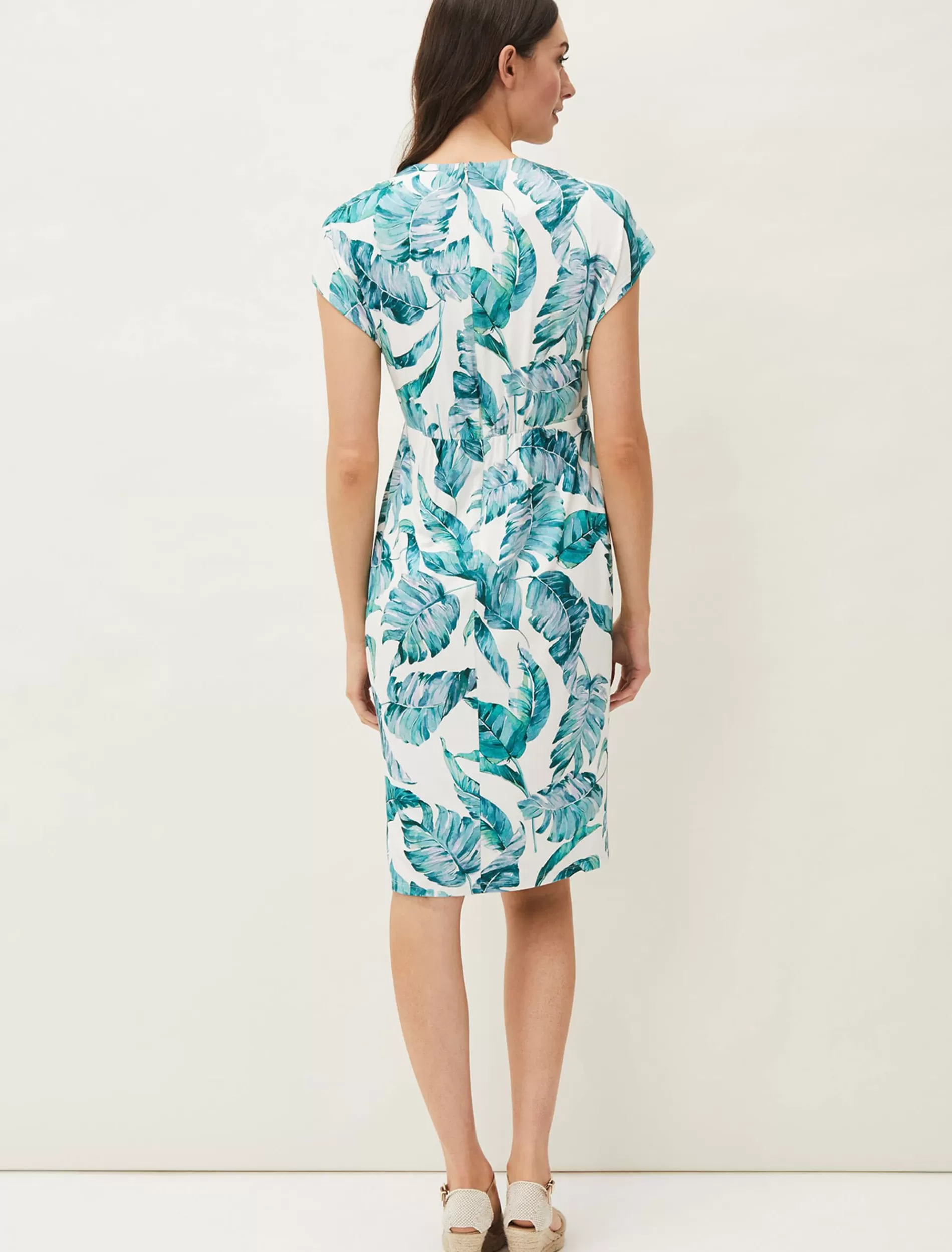 Phase Eight Palms Print Fitted Short Sleeved Jersey Dress Aquamarine/Ecru Outlet