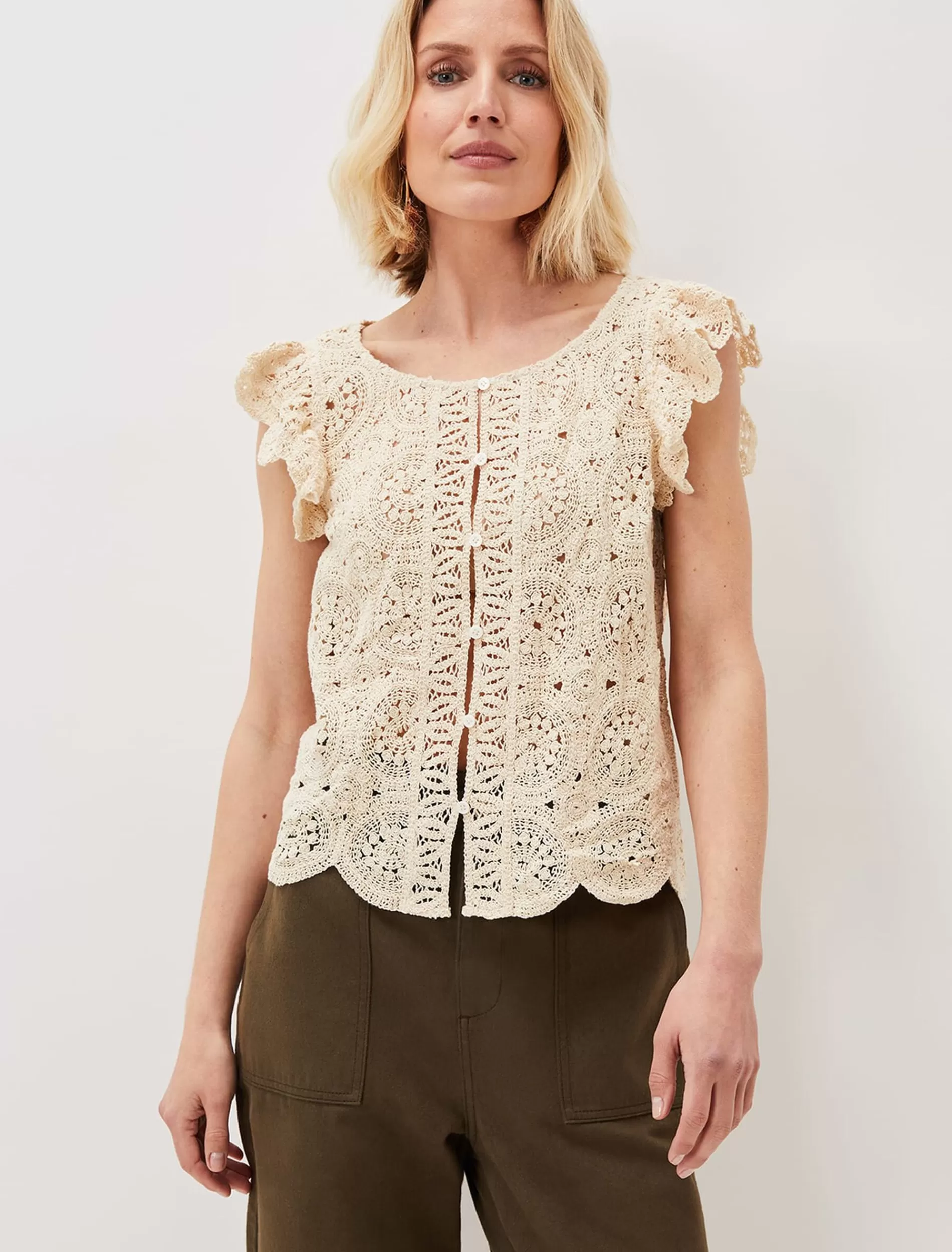 Phase Eight Paulie Crochet Pattern Knit Top Neutral Flash Sale