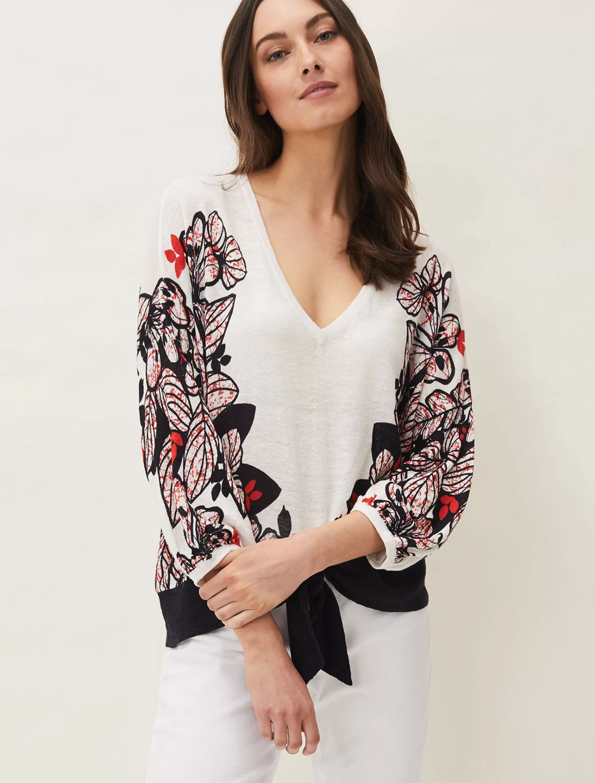 Phase Eight Pearla Tie Front Linen Blend Jumper White/Multi Clearance
