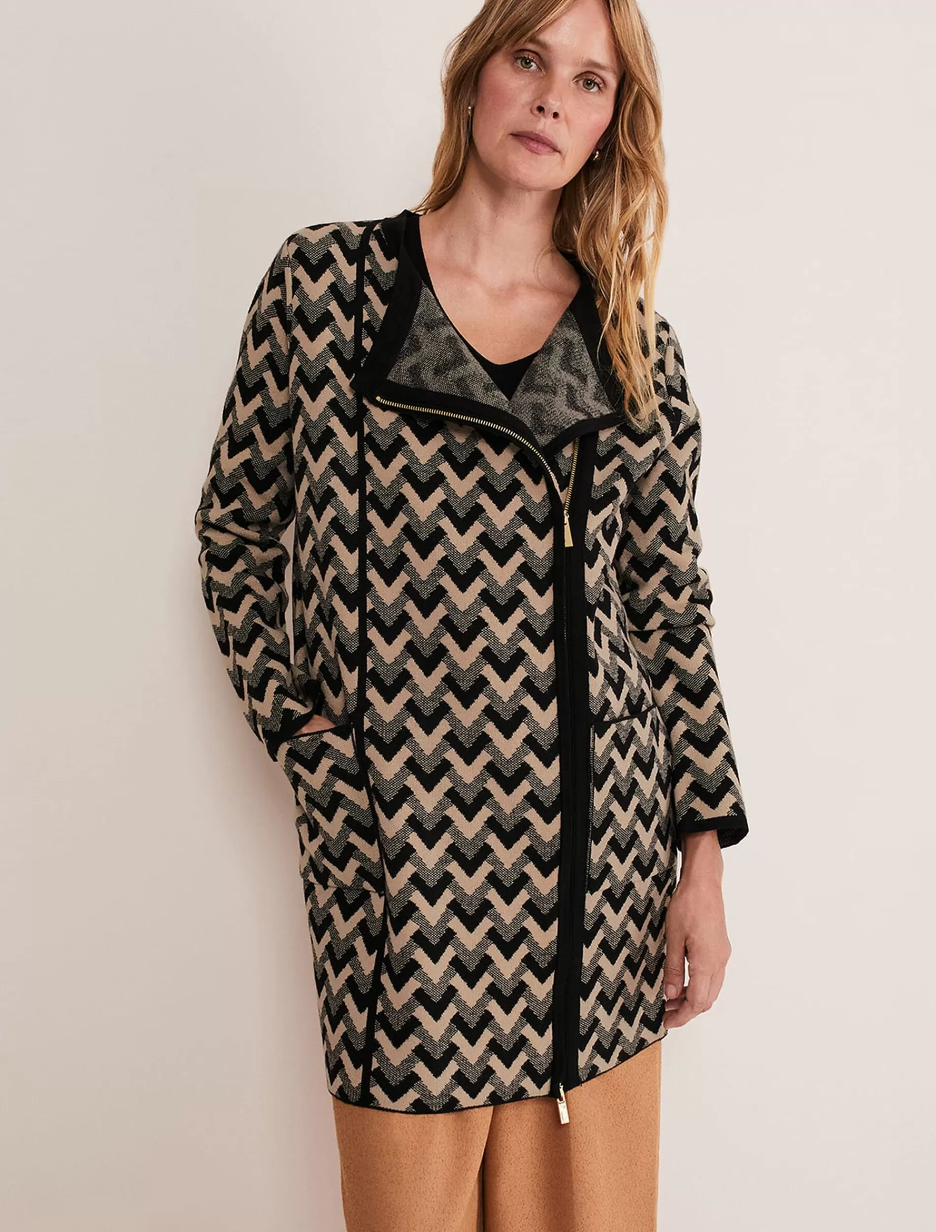 Phase Eight Perrie Geo Jacquard Knit Coat Camel/Black Store