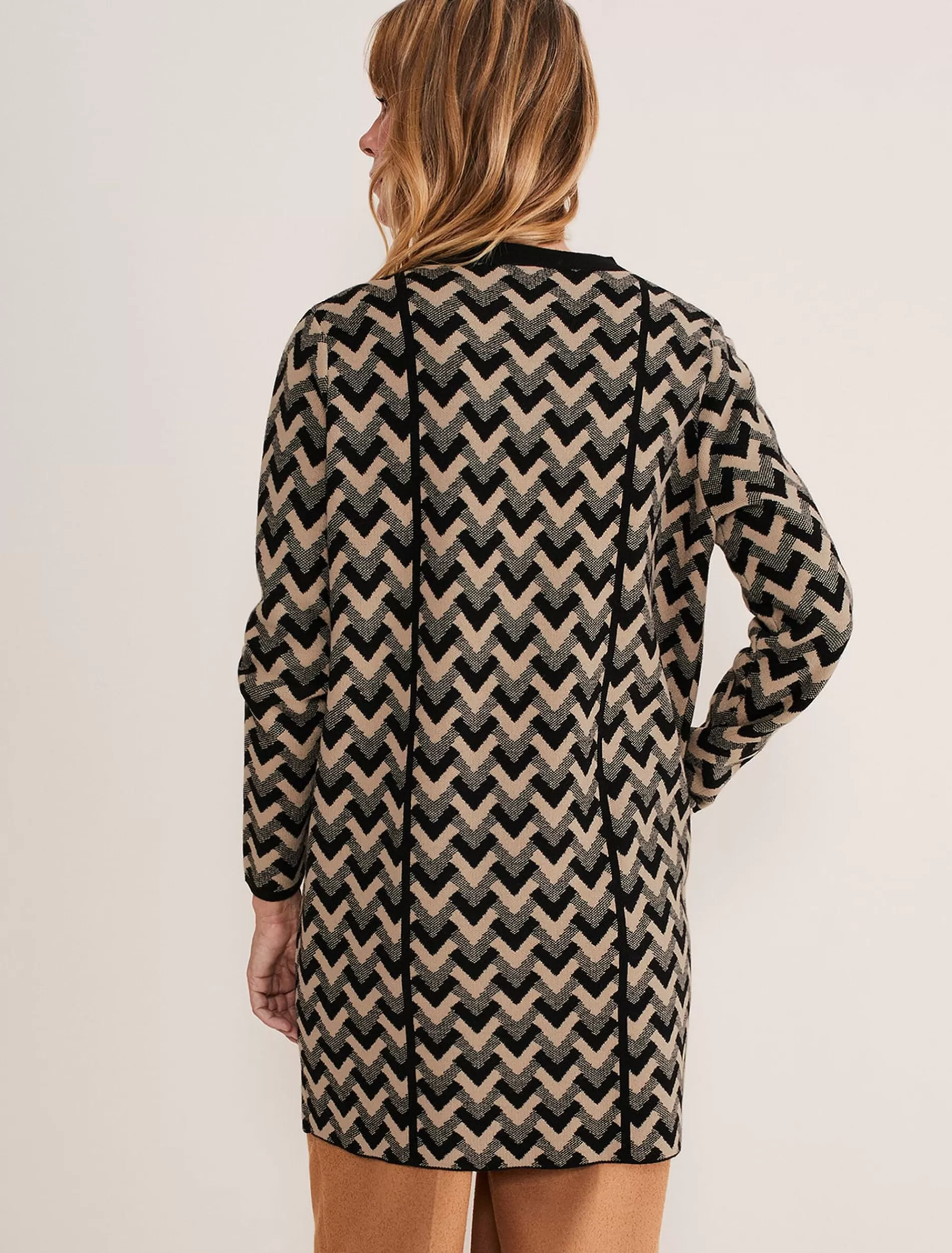 Phase Eight Perrie Geo Jacquard Knit Coat Camel/Black Store