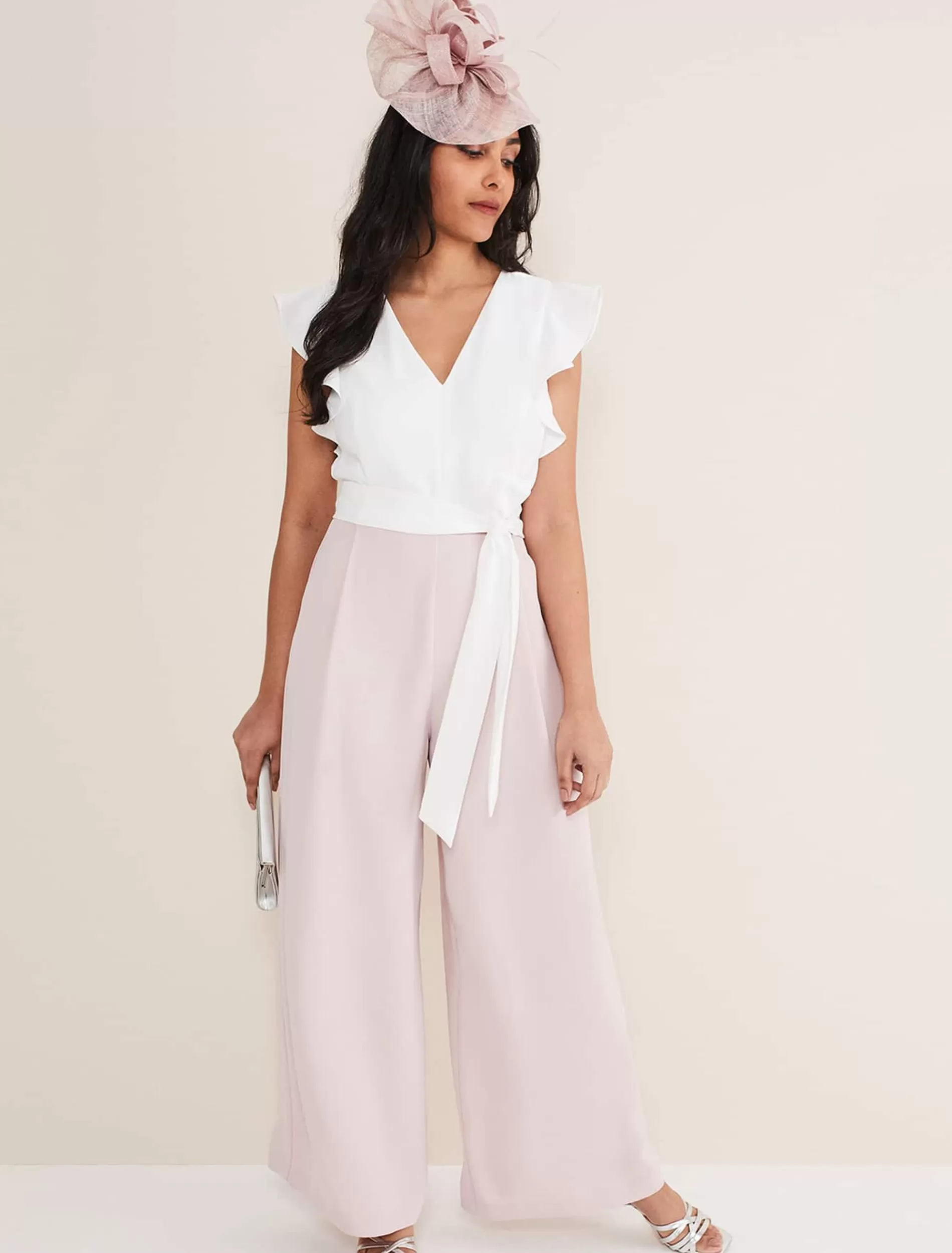 Phase Eight Petite Kallie V Neck Frill Jumpsuit Antique Rose/Ivory Store