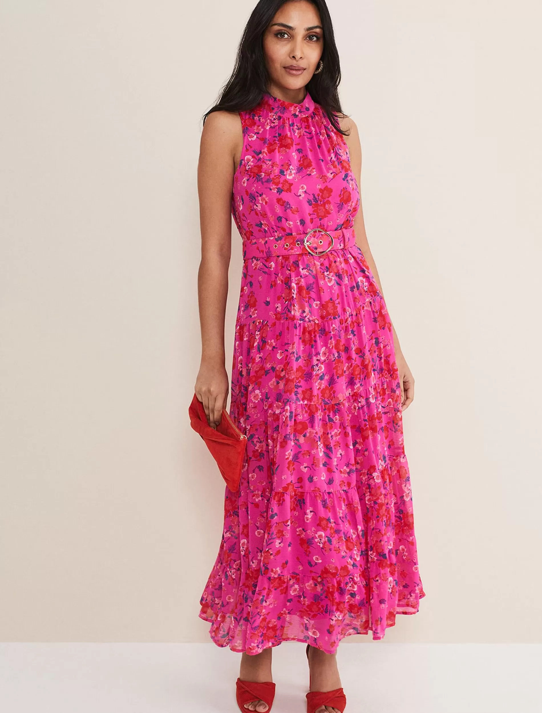Phase Eight Petite Kara Tiered Floral Maxi Dress Neon Pink Cheap