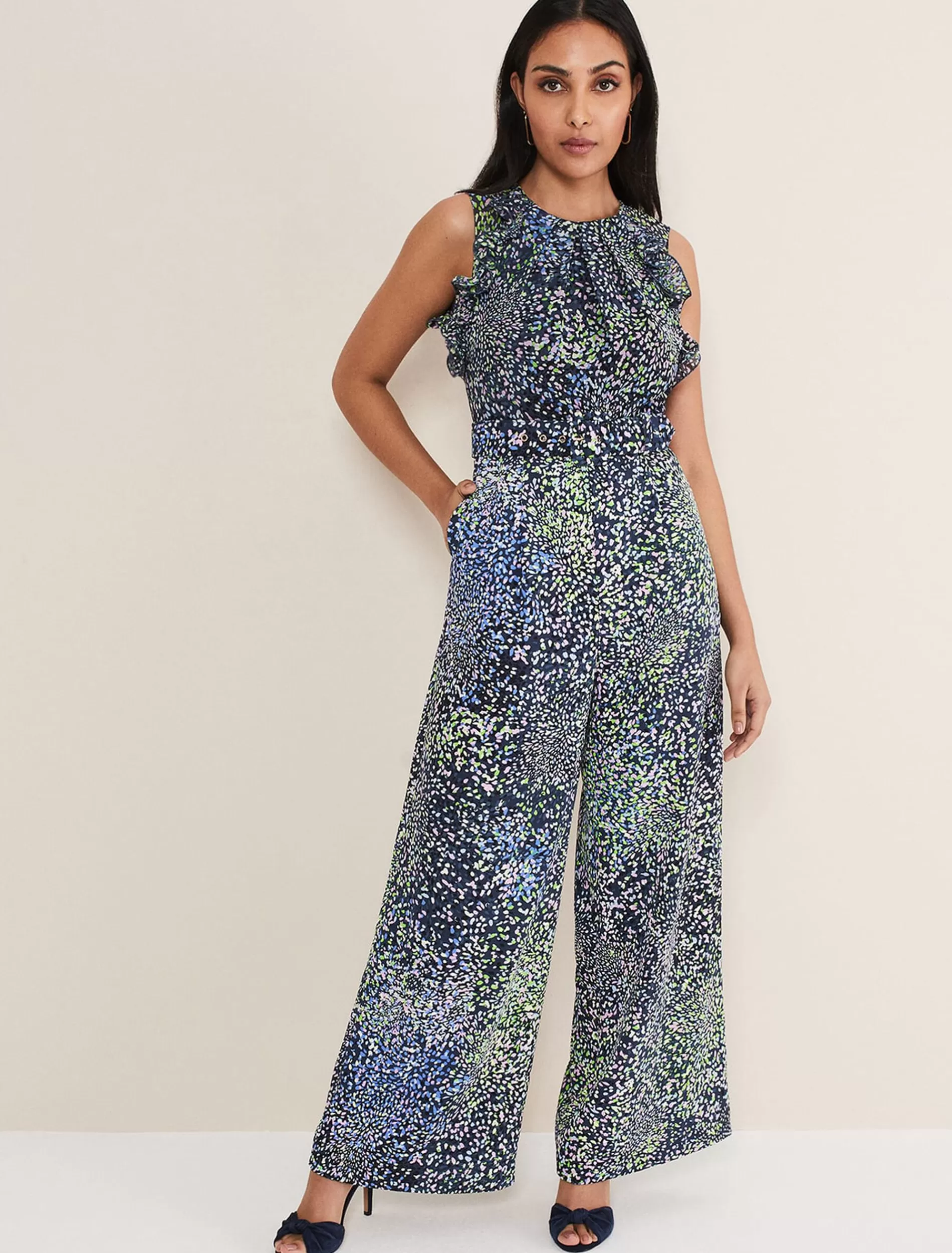 Phase Eight Petite Maggie Ruffle Printed Jumpsuit Navy Multi Fashion