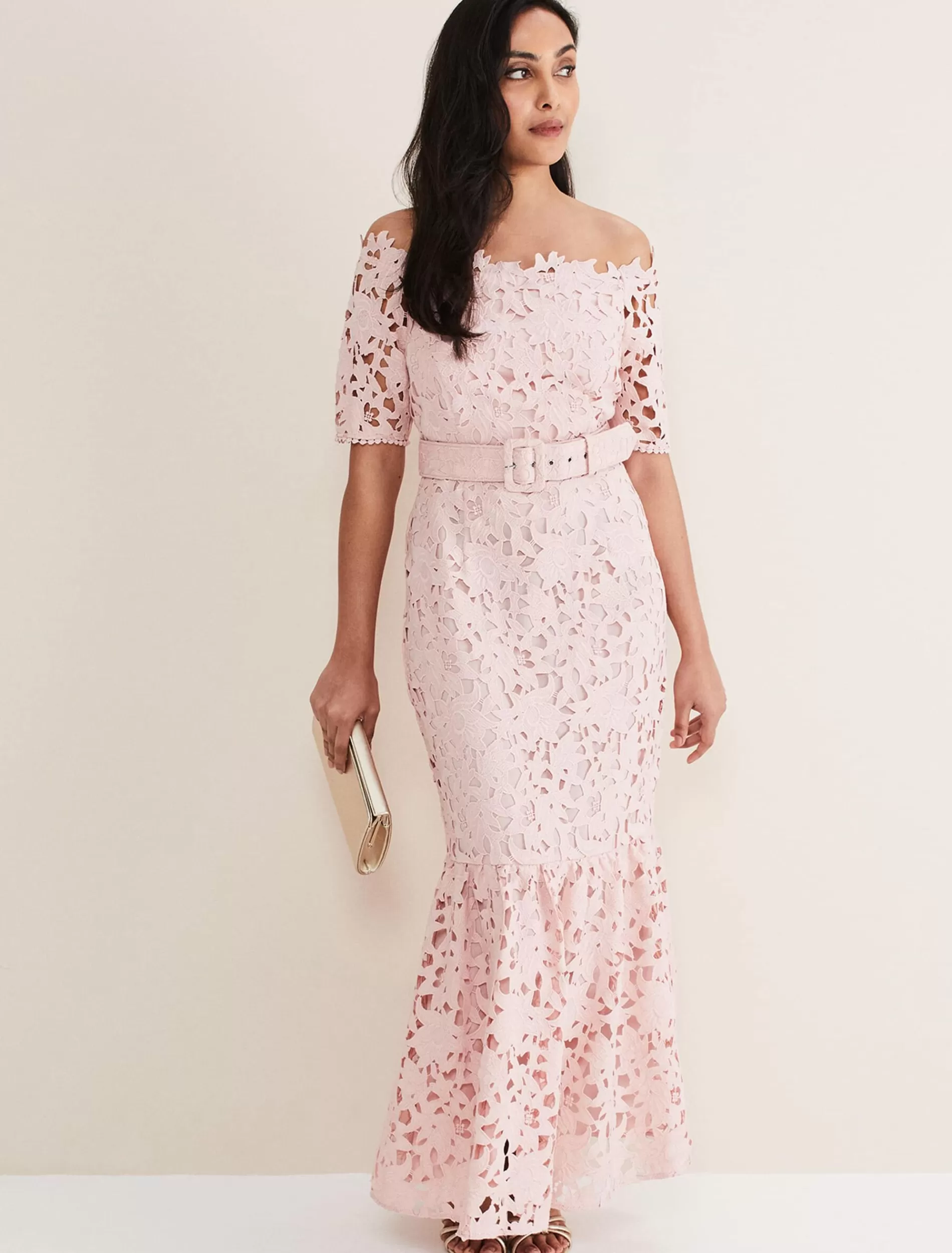 Phase Eight Petite Tallula Lace Bardot Maxi Dress Petal Pink Hot