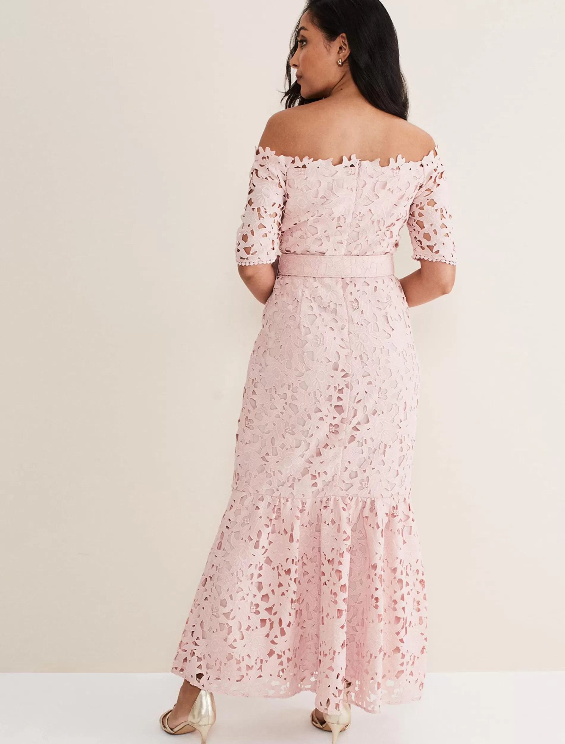 Phase Eight Petite Tallula Lace Bardot Maxi Dress Petal Pink Hot