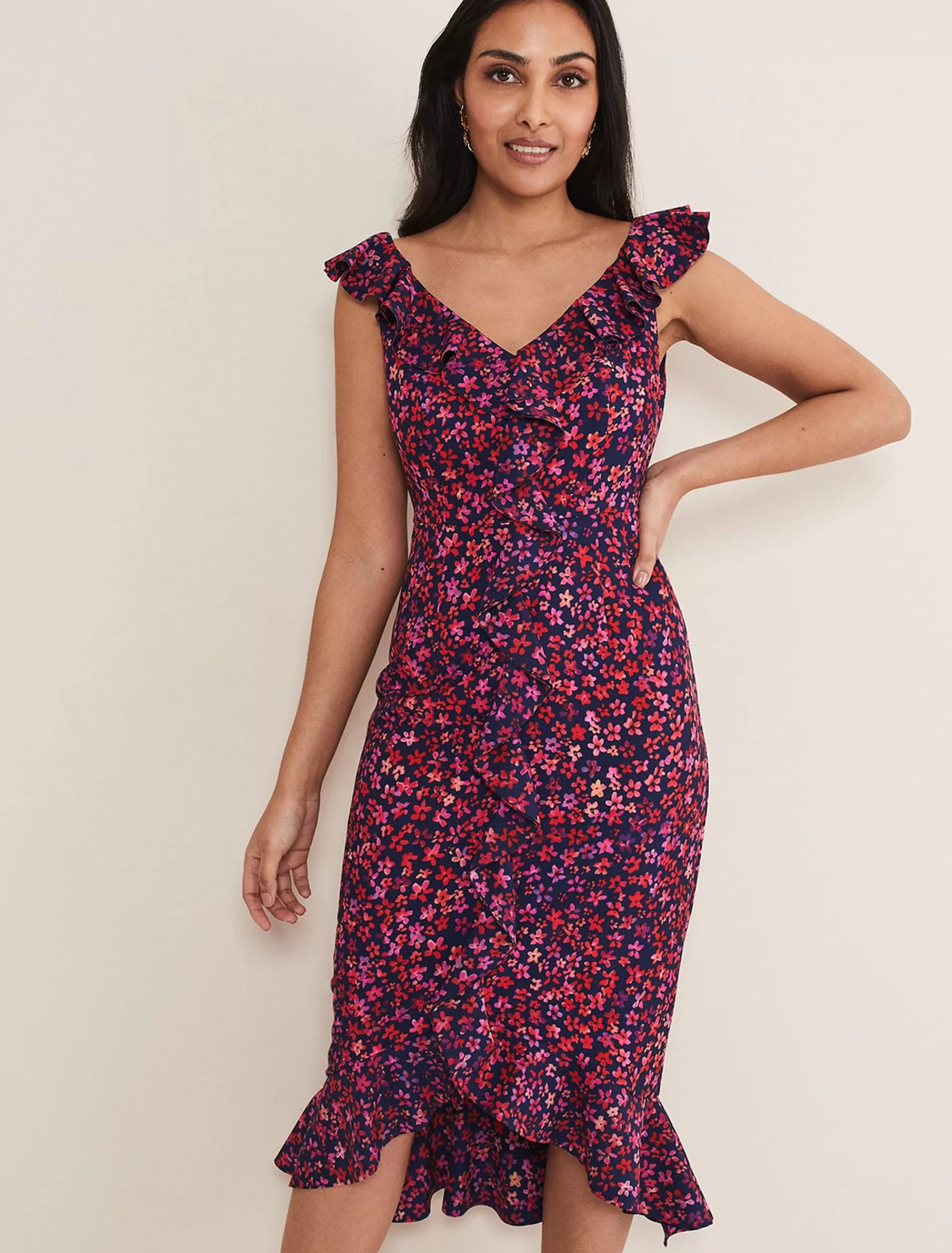 Phase Eight Petite Viola V-Neck Ditsy Frill Dress Navy/Multi Cheap