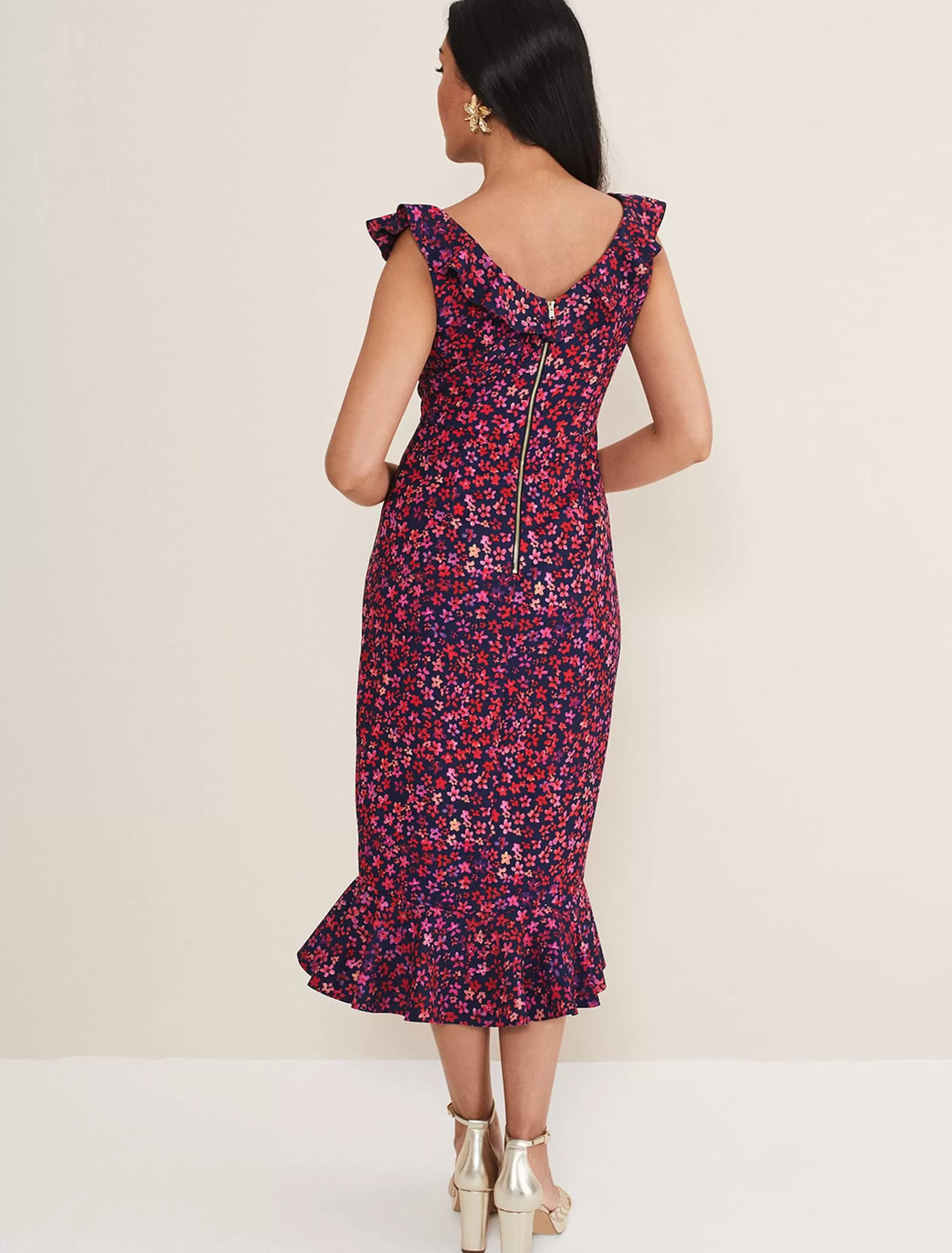 Phase Eight Petite Viola V-Neck Ditsy Frill Dress Navy/Multi Cheap