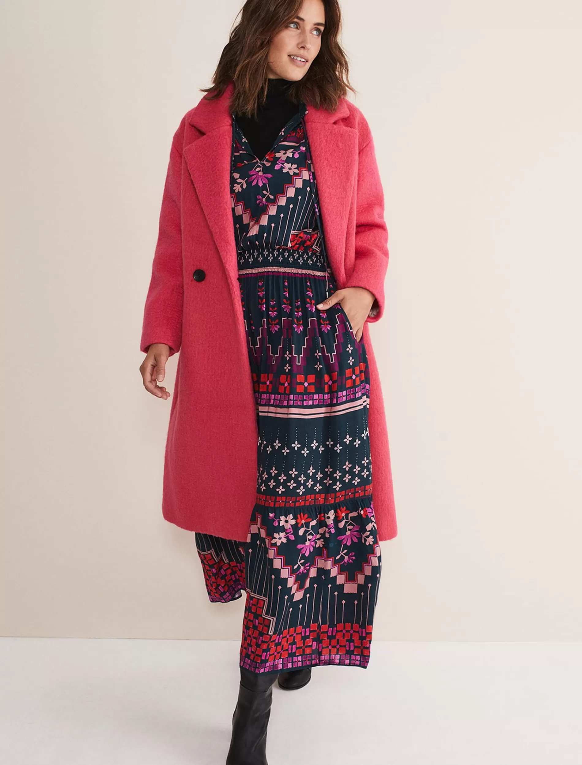 Phase Eight Quinn Textured Cocoon Coat Fluro Pink Outlet