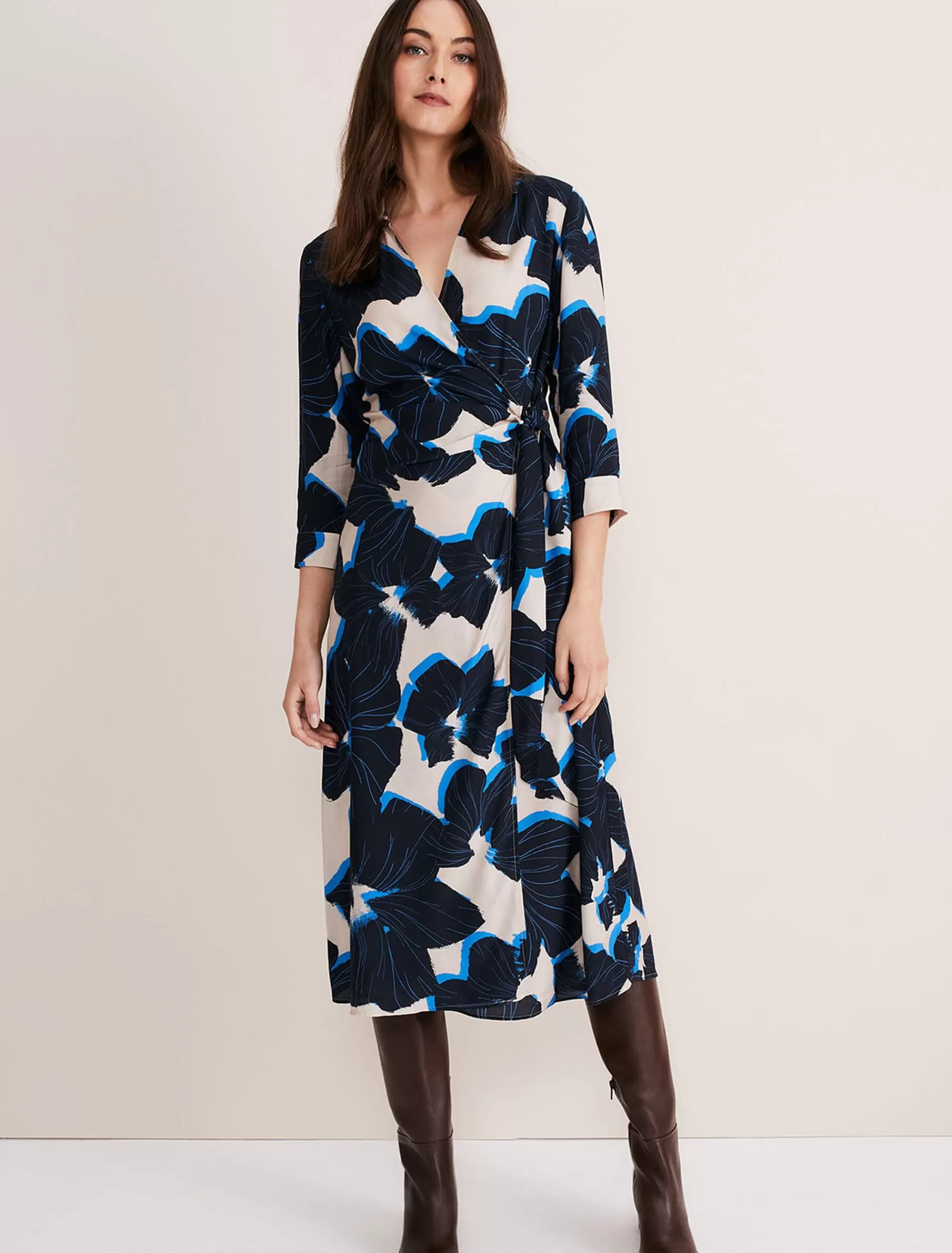 Phase Eight Rae Floral Wrap Dress Blue/Camel/Pink Flash Sale