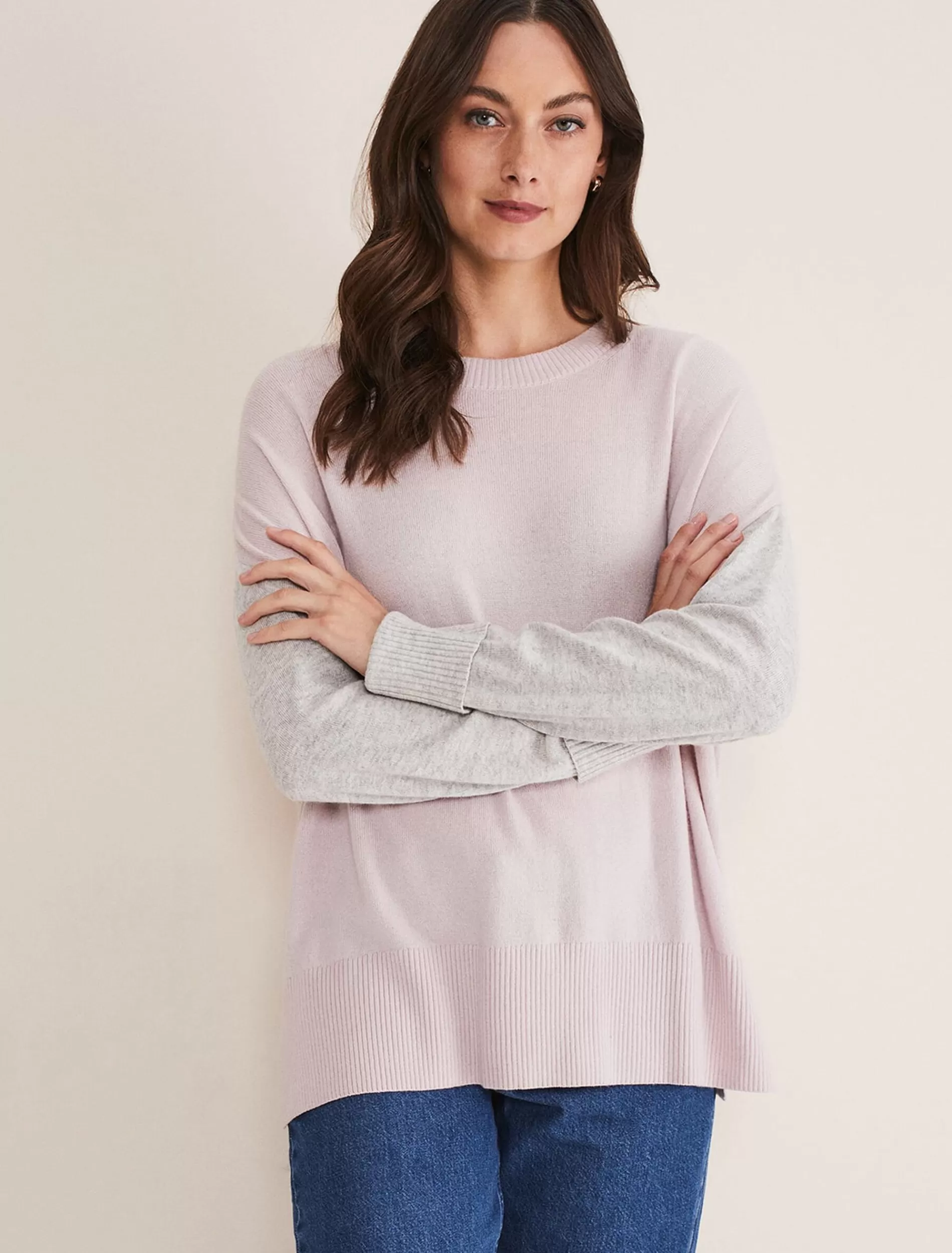 Phase Eight Rema Wool Cashmere Colourblock Jumper Grey/Pink Store