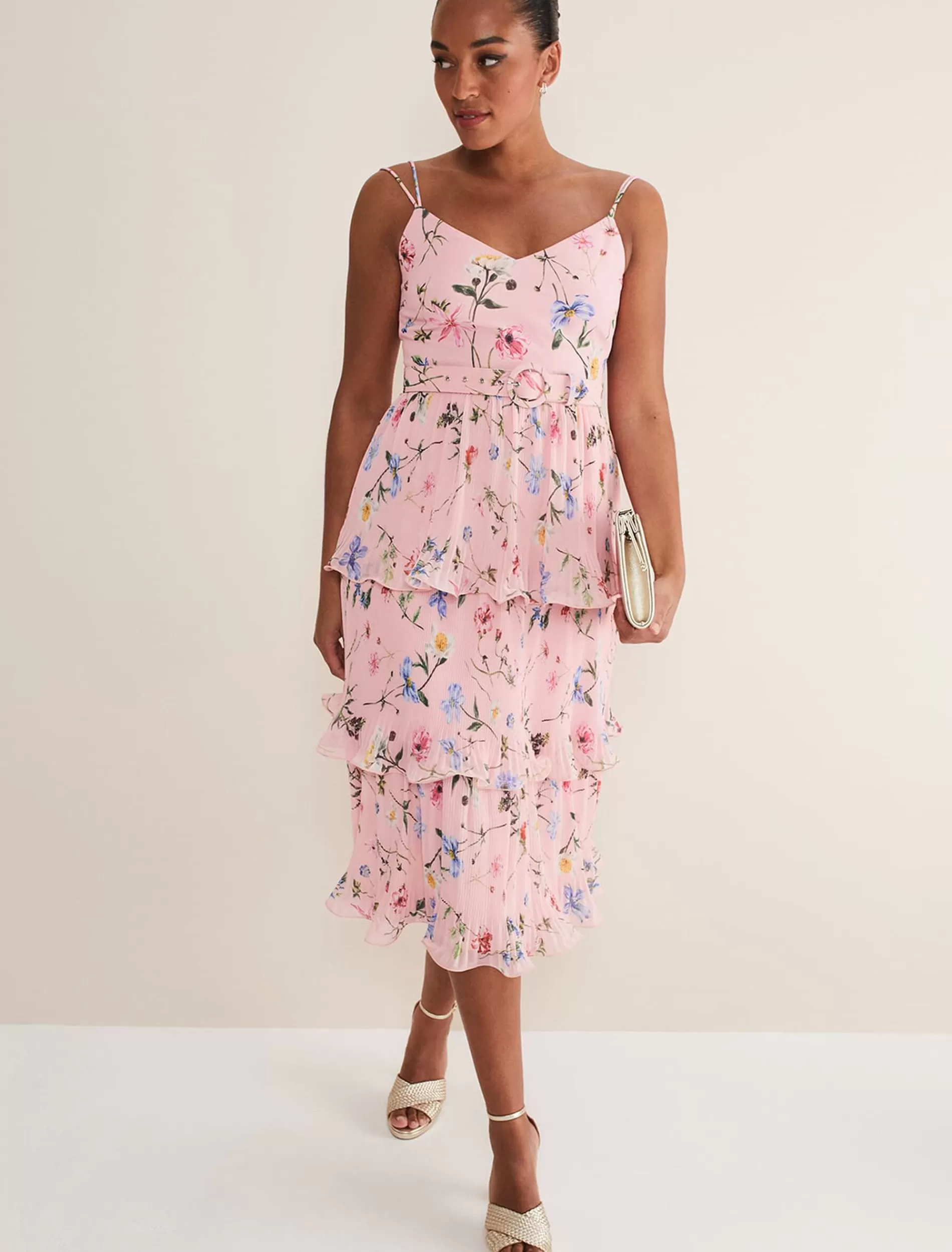 Phase Eight River Floral Tiered Midi Dress Pink/Multi Store