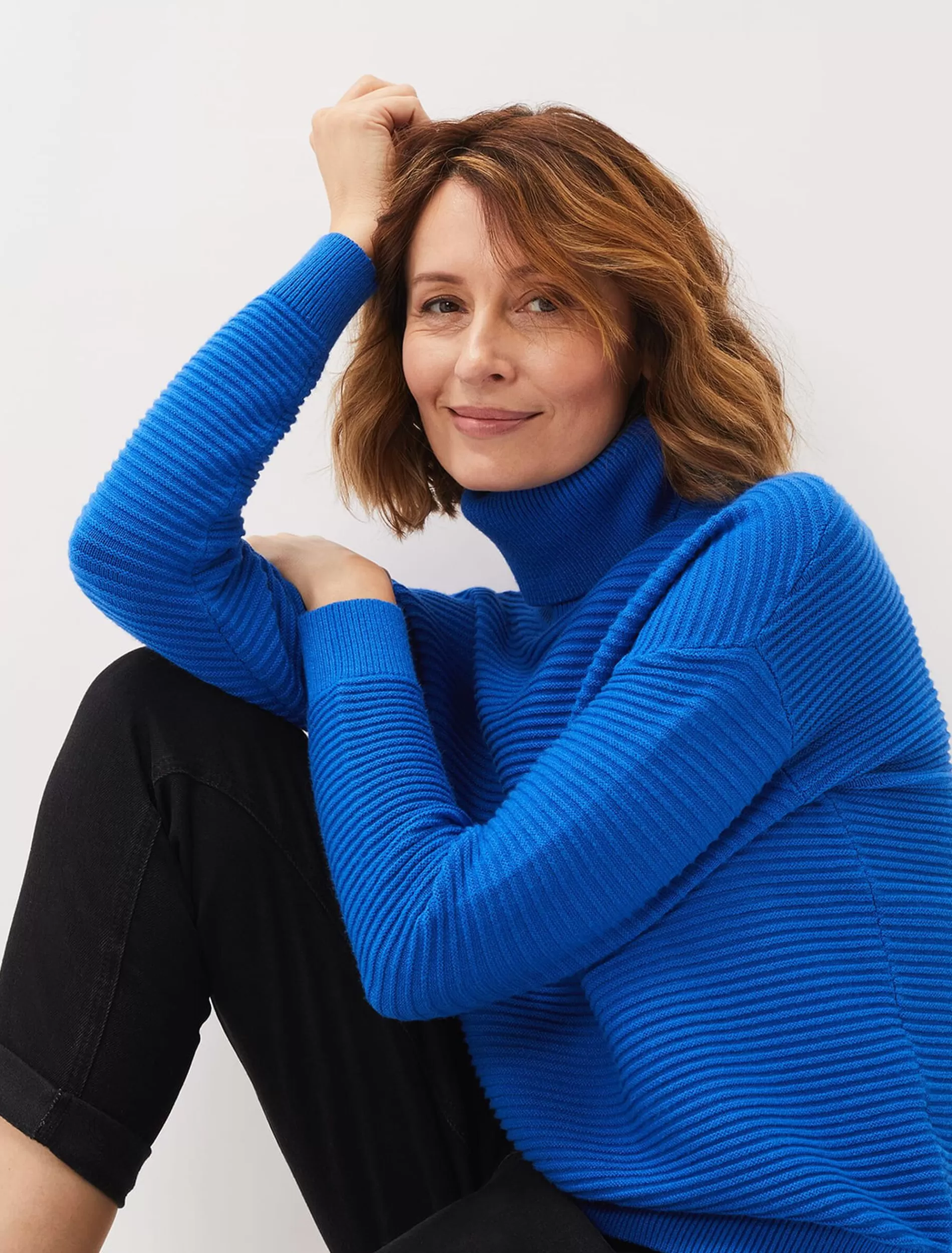 Phase Eight Rocco Ribbed Roll Neck Jumper Sky Blue Clearance