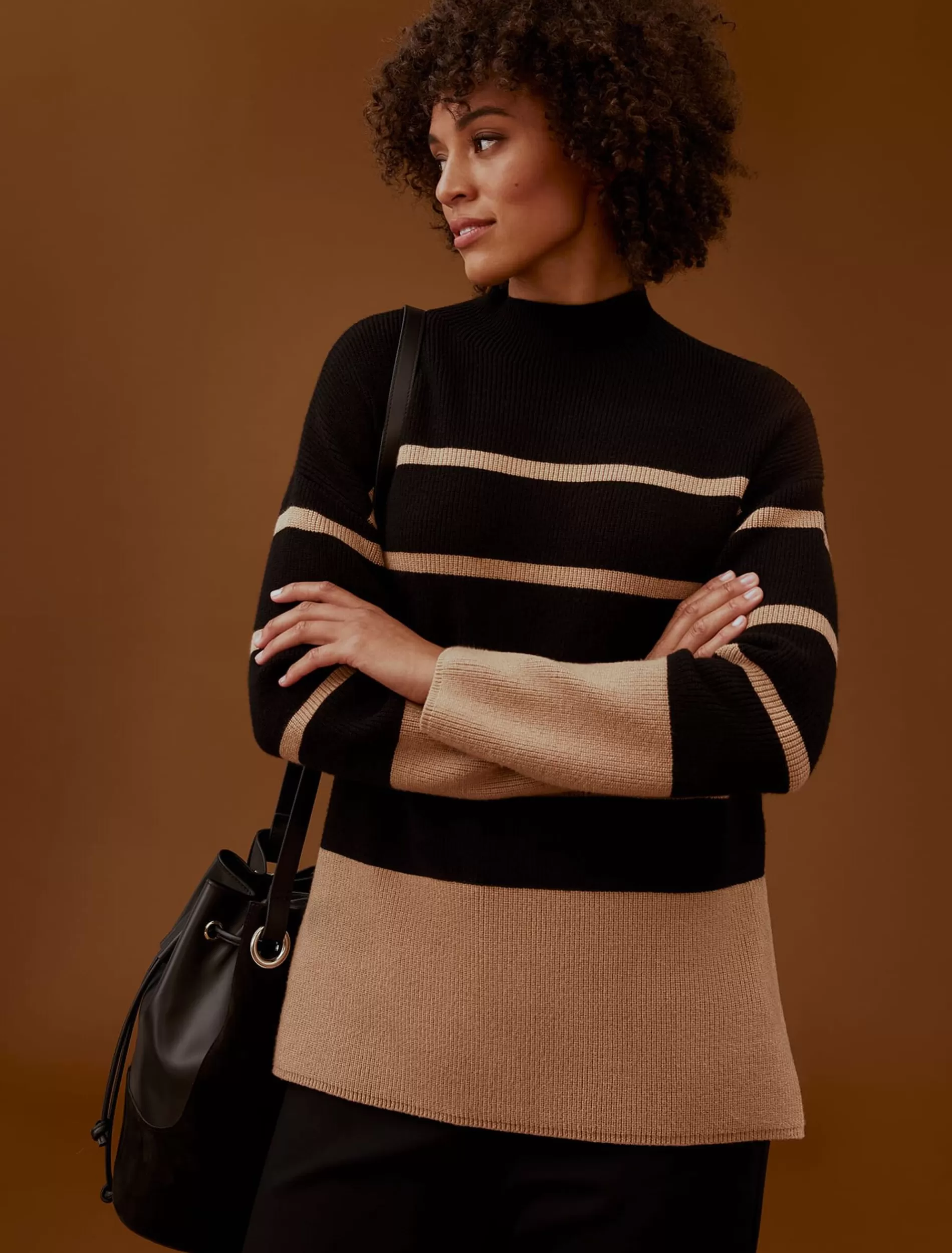 Phase Eight Romy Cosy Stripe Colour Block Knit Black/Camel New