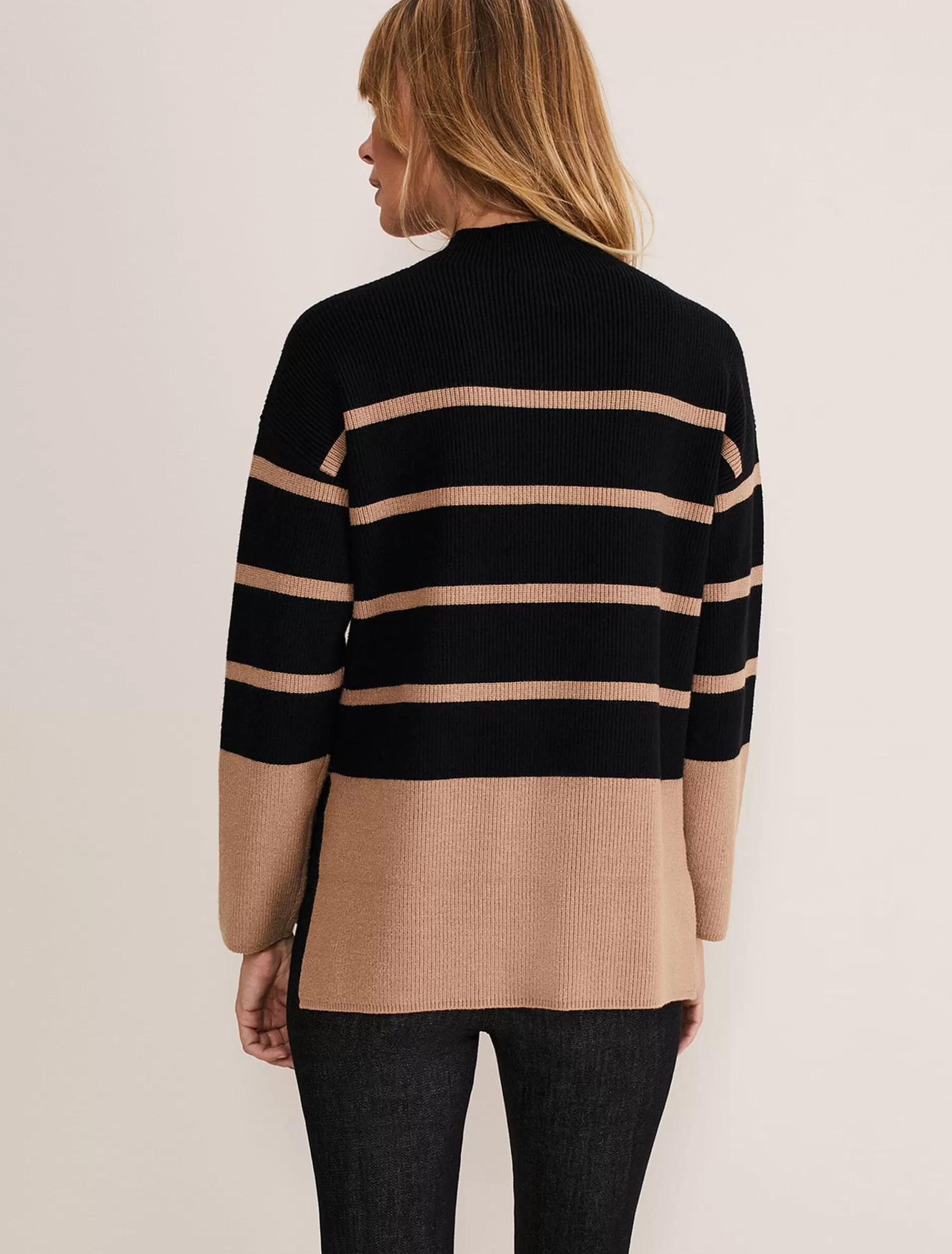 Phase Eight Romy Cosy Stripe Colour Block Knit Black/Camel New