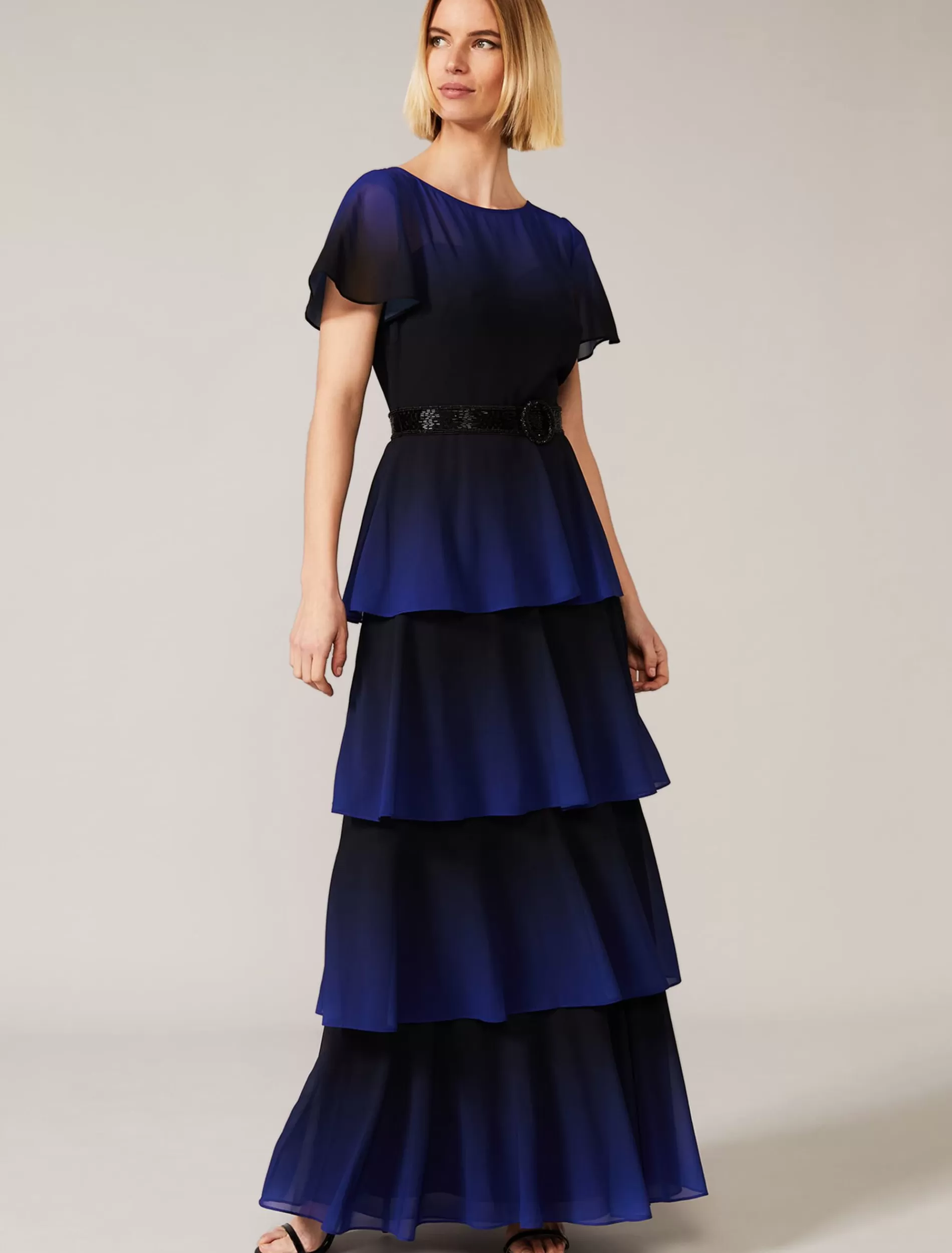 Phase Eight Rosalie Dipdye Tiered Dress Black/Cobalt Clearance