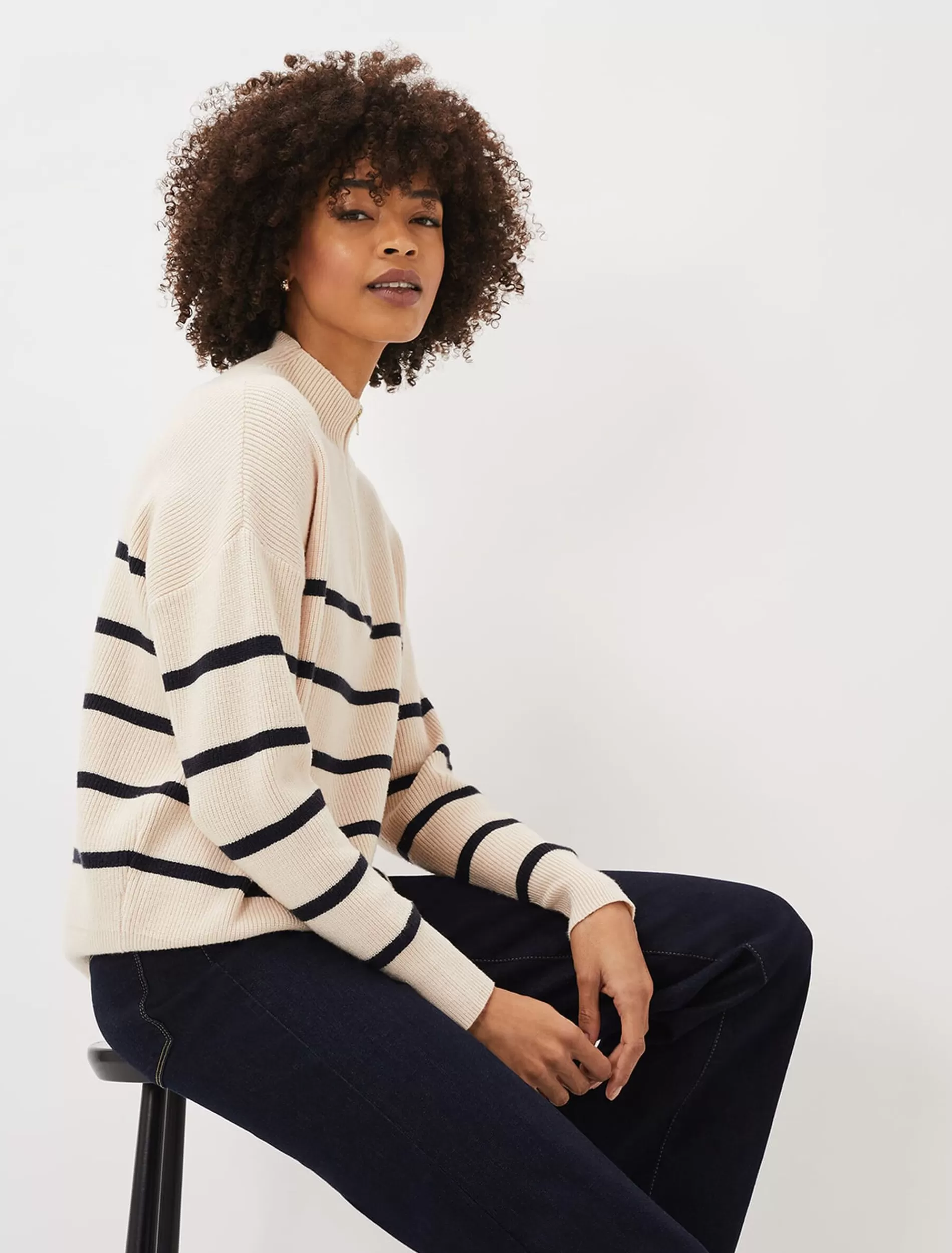 Phase Eight Rosan Zip Funnel Neck Stripe Jumper Ivory/Midnight Store