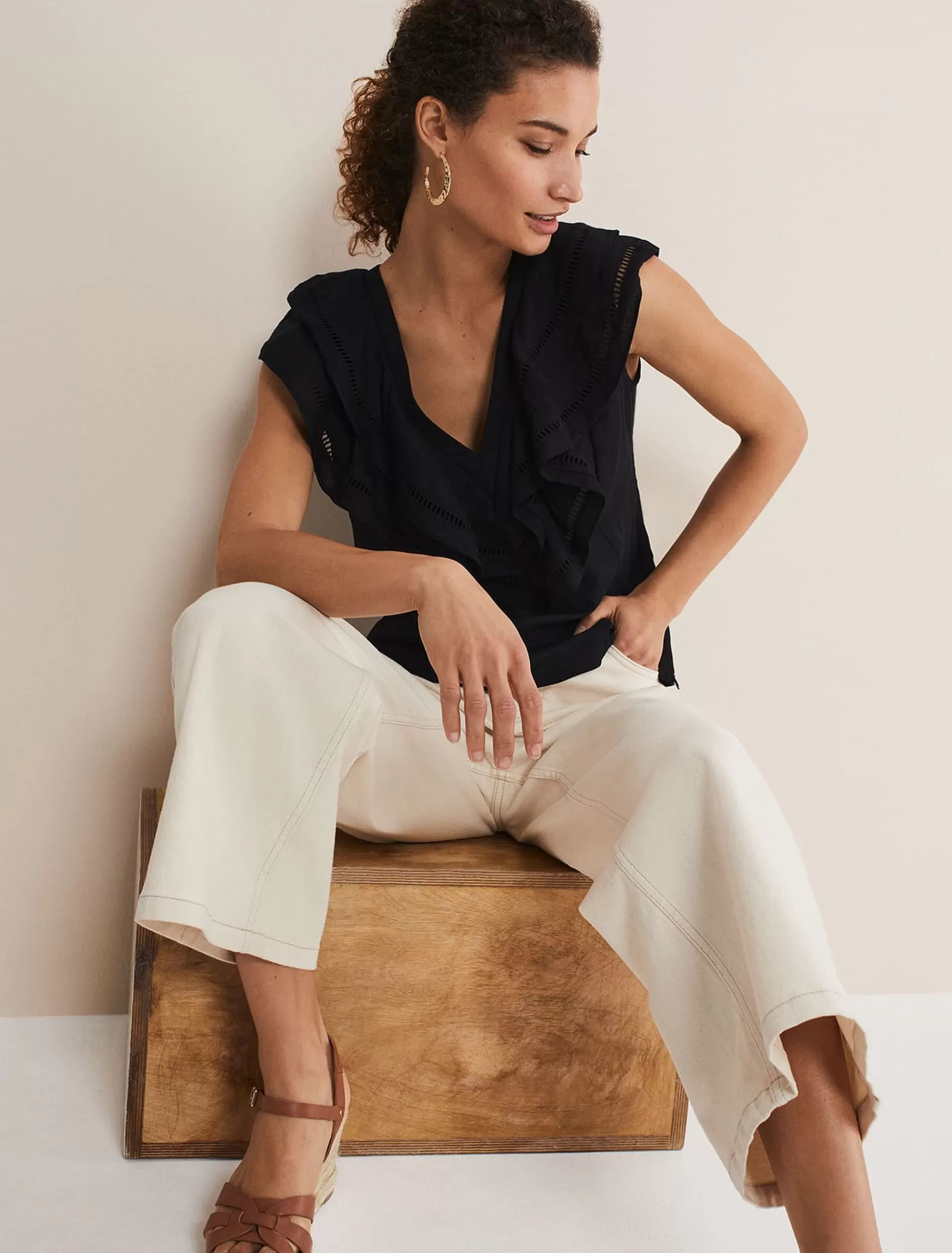 Phase Eight Rosey Linen Ruffle Blouse Black Hot