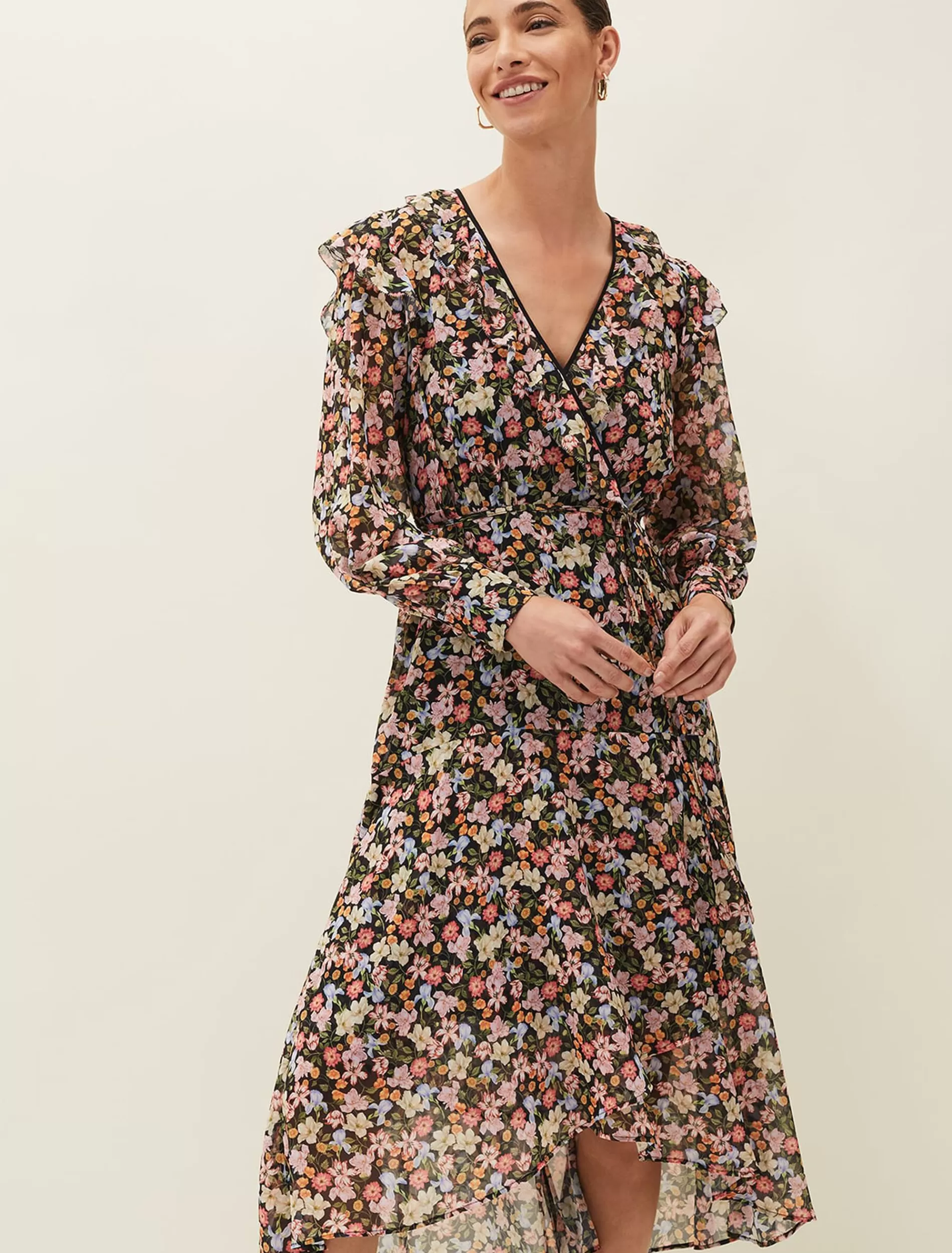 Phase Eight Sadie Floral Chiffon V-Neck Midi Dress Black/Multi Flash Sale