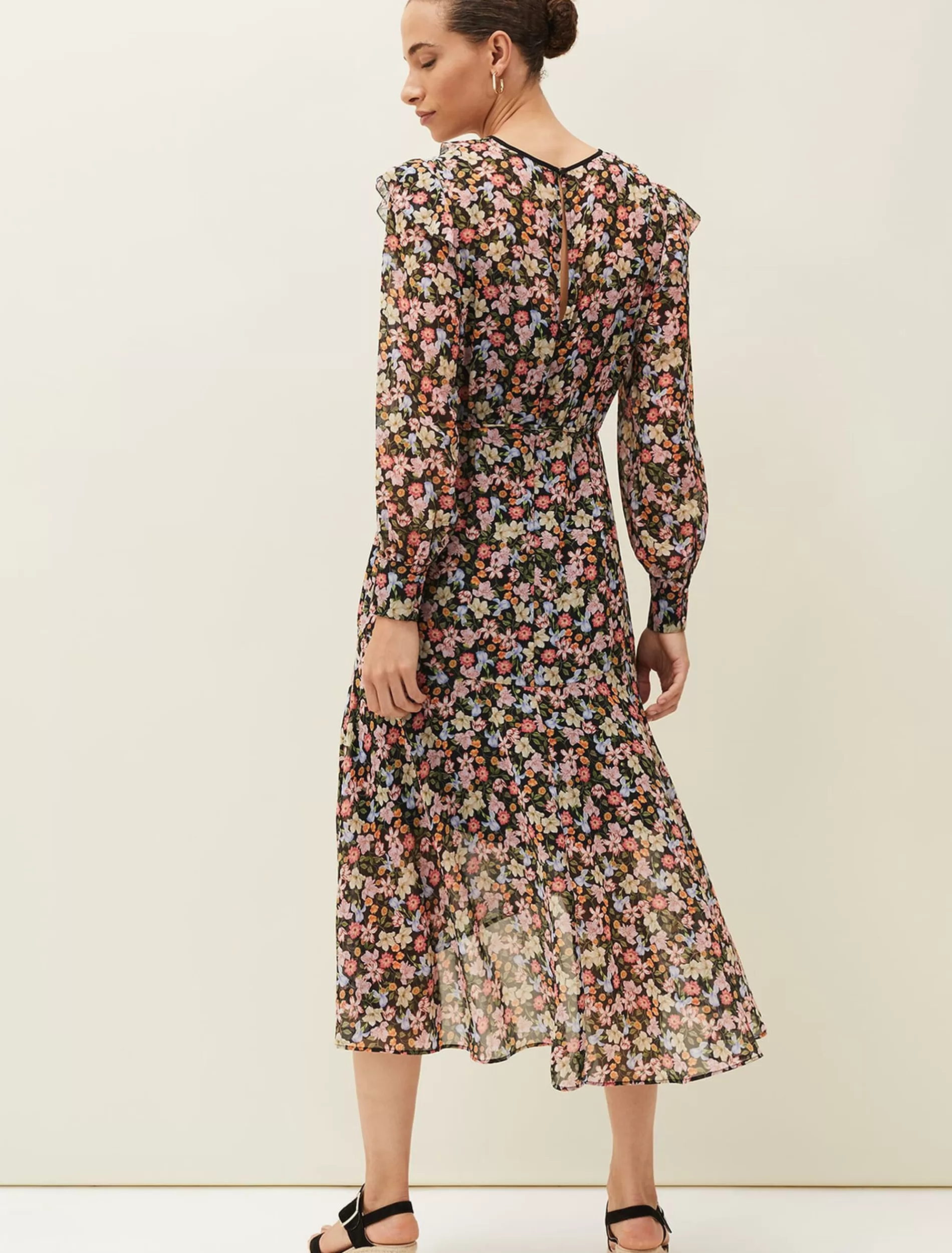 Phase Eight Sadie Floral Chiffon V-Neck Midi Dress Black/Multi Flash Sale