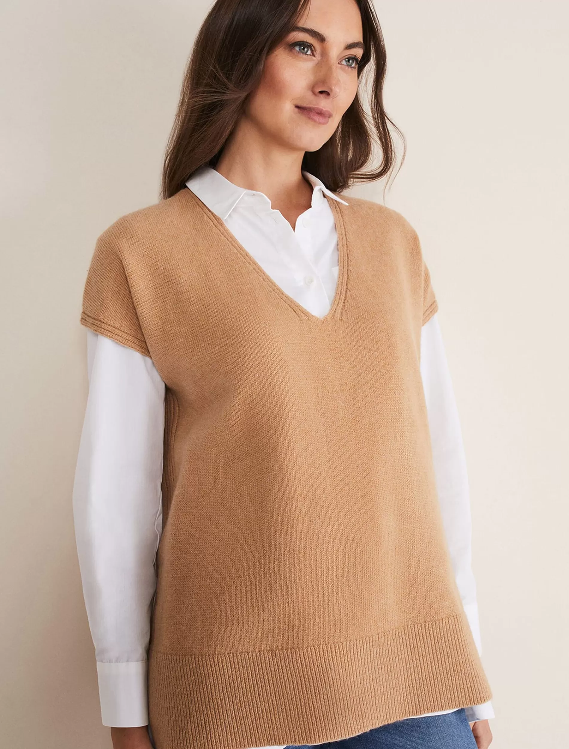 Phase Eight Safin V Neck Wool Blend Knitted Tabbard Camel Hot