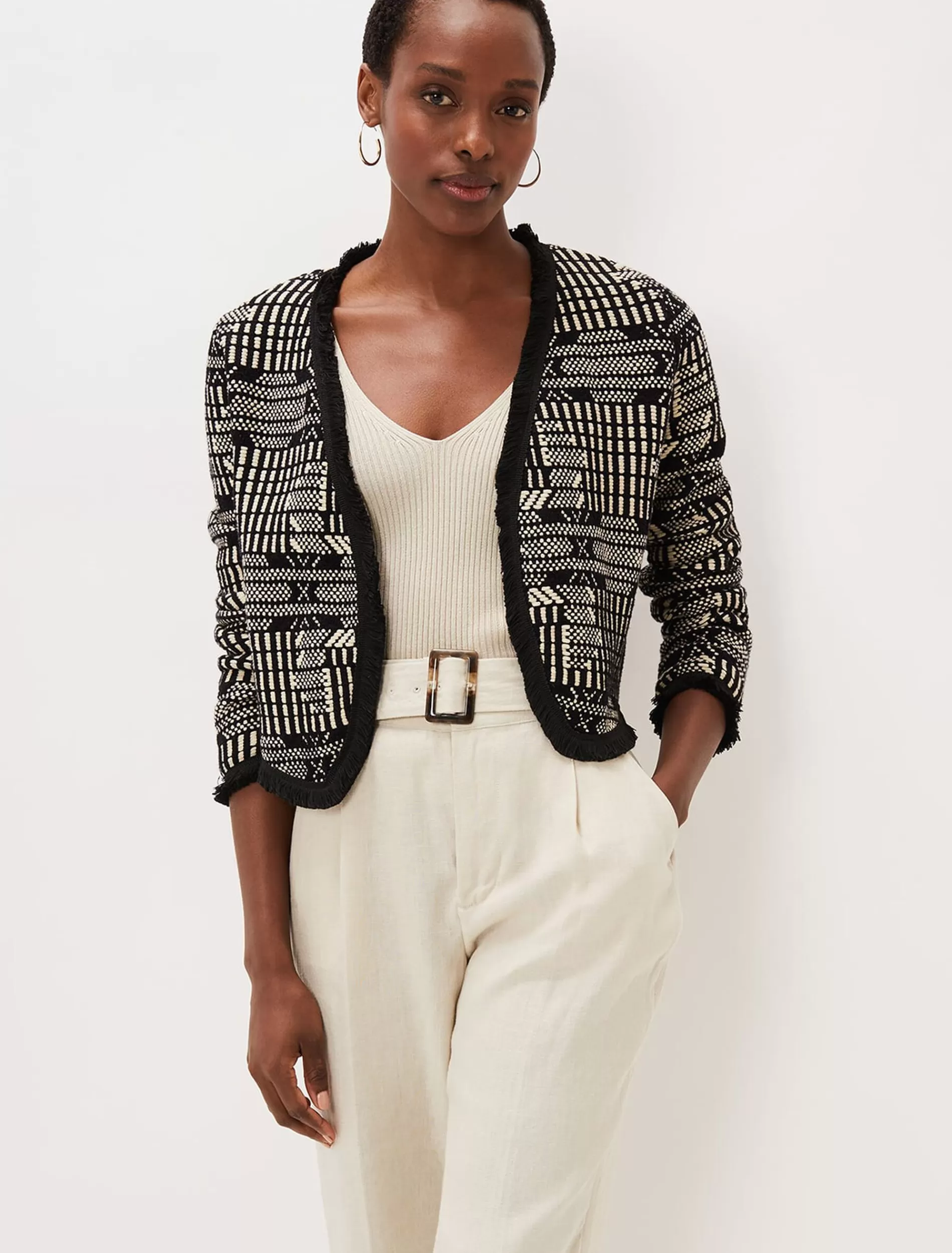 Phase Eight Samie Ikat Knitted Jacket Black/Ivory New