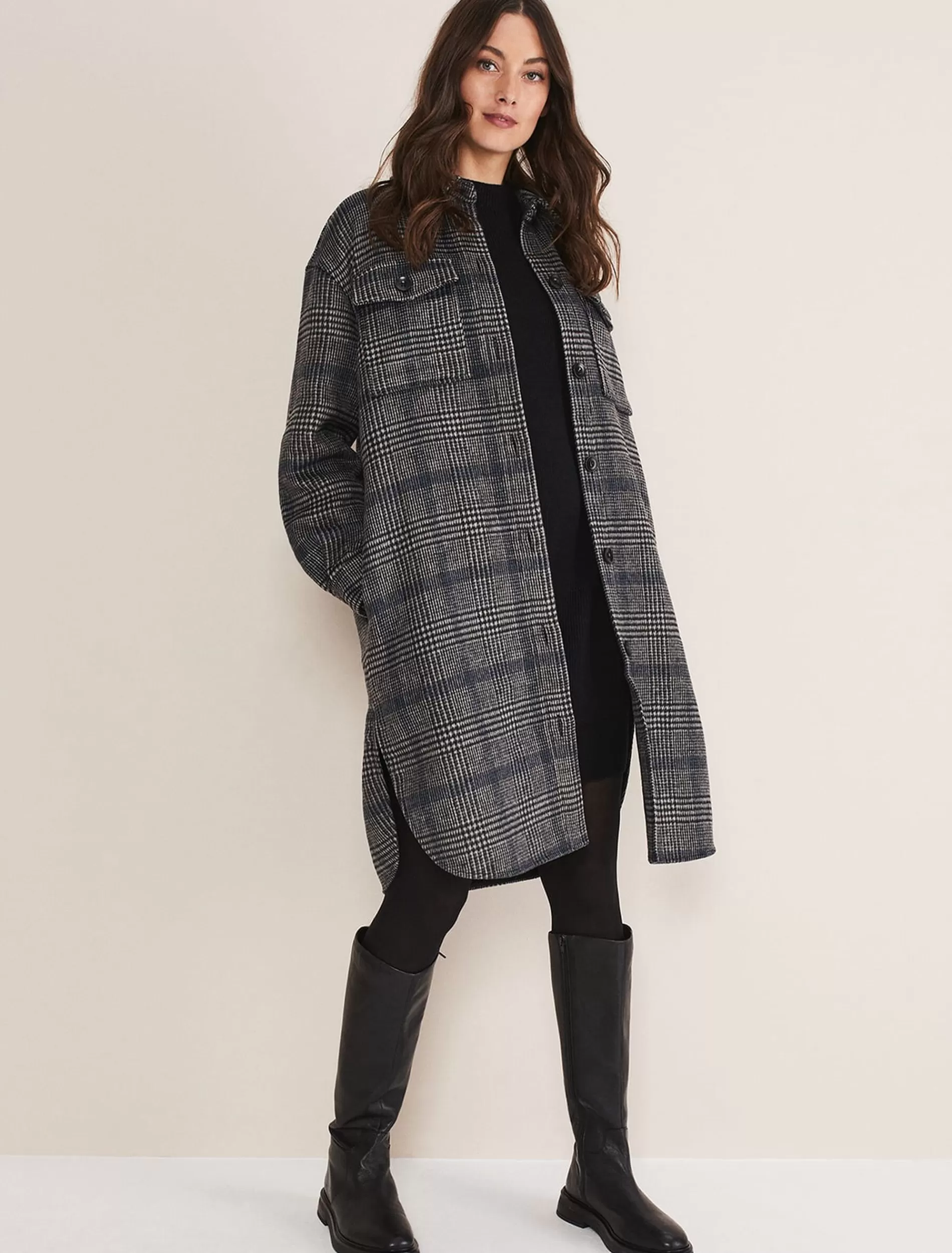 Phase Eight Sarina Check Longline Shacket Navy/Multi Flash Sale