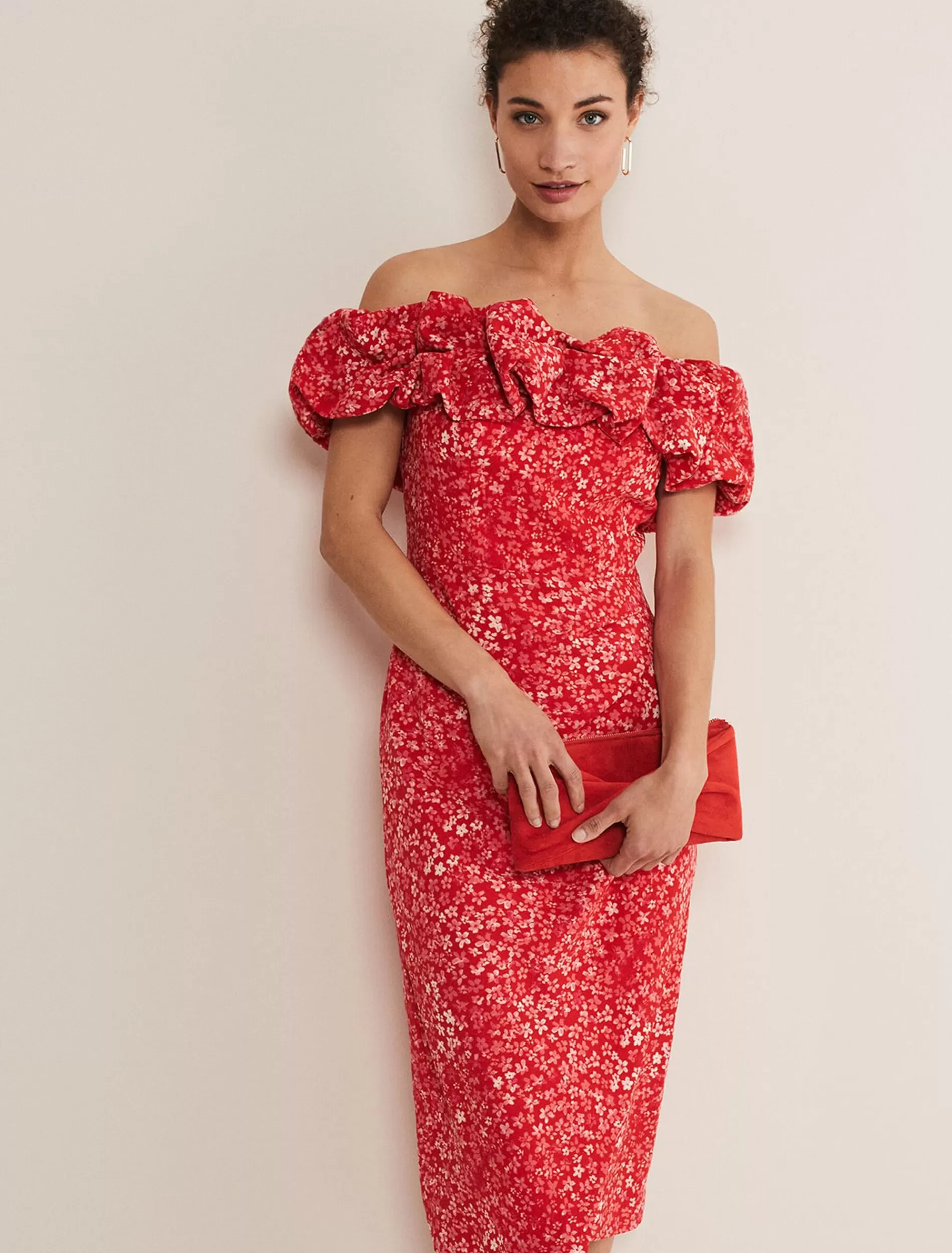 Phase Eight Senita Off Shoulder Ditsy Dress Red/Multi Best