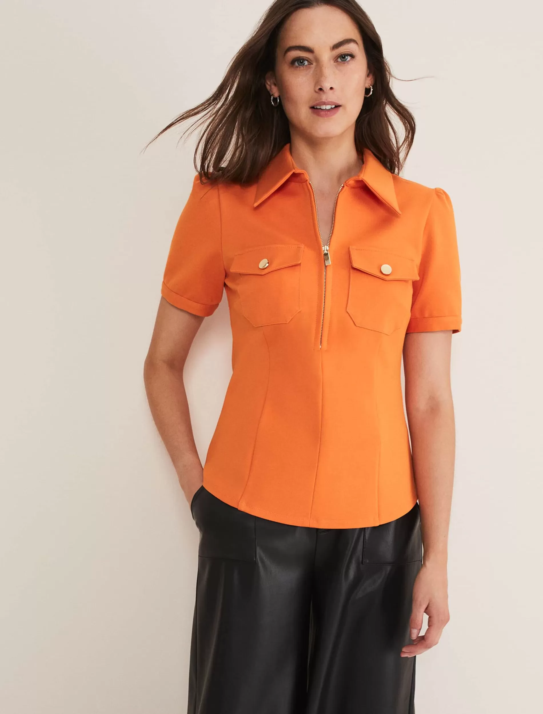 Phase Eight Shaden Zip Front Ponte Top Orange Hot