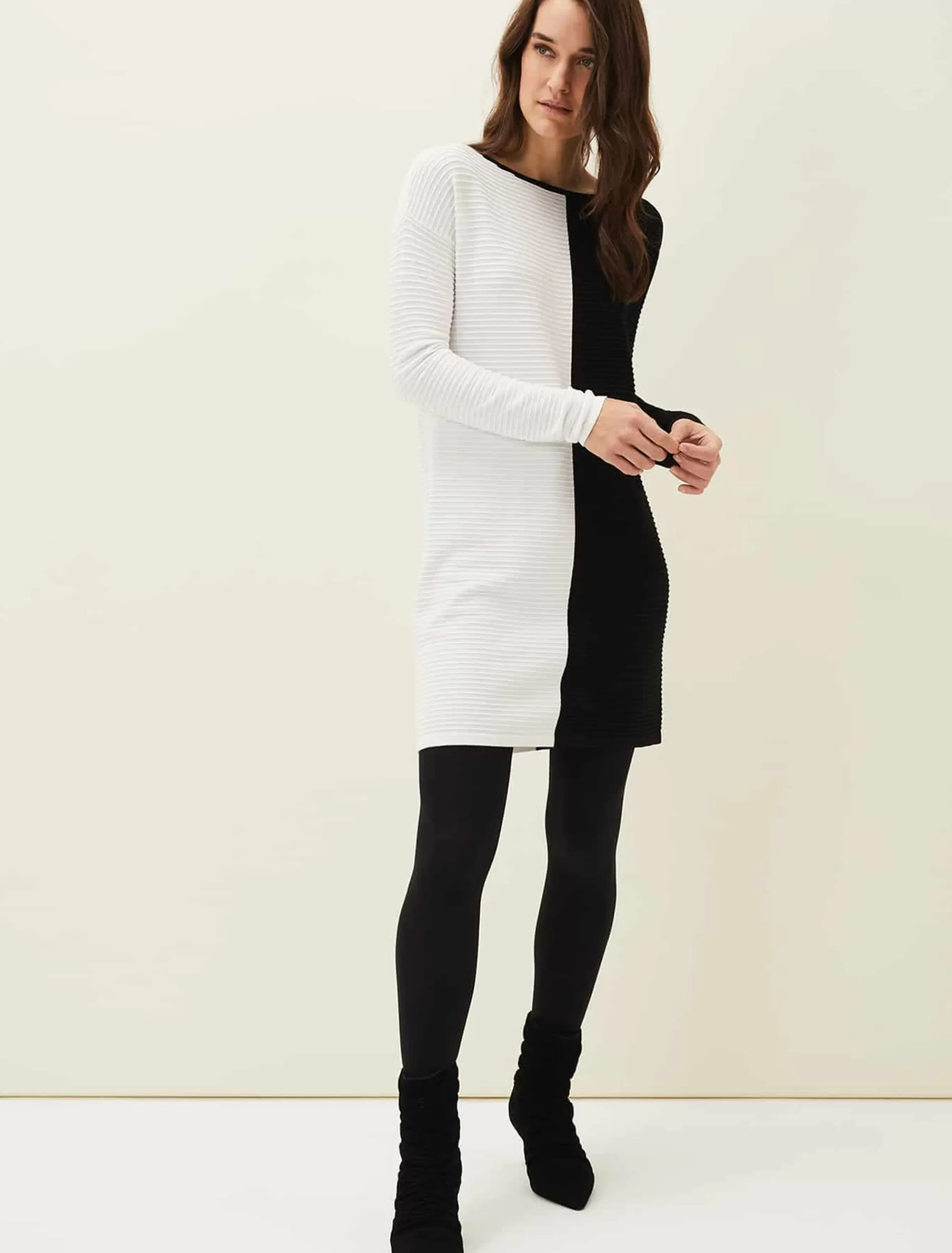 Phase Eight Sherrie Ribbed Colourblock Knit Tunic Dress Black/Ivory Hot