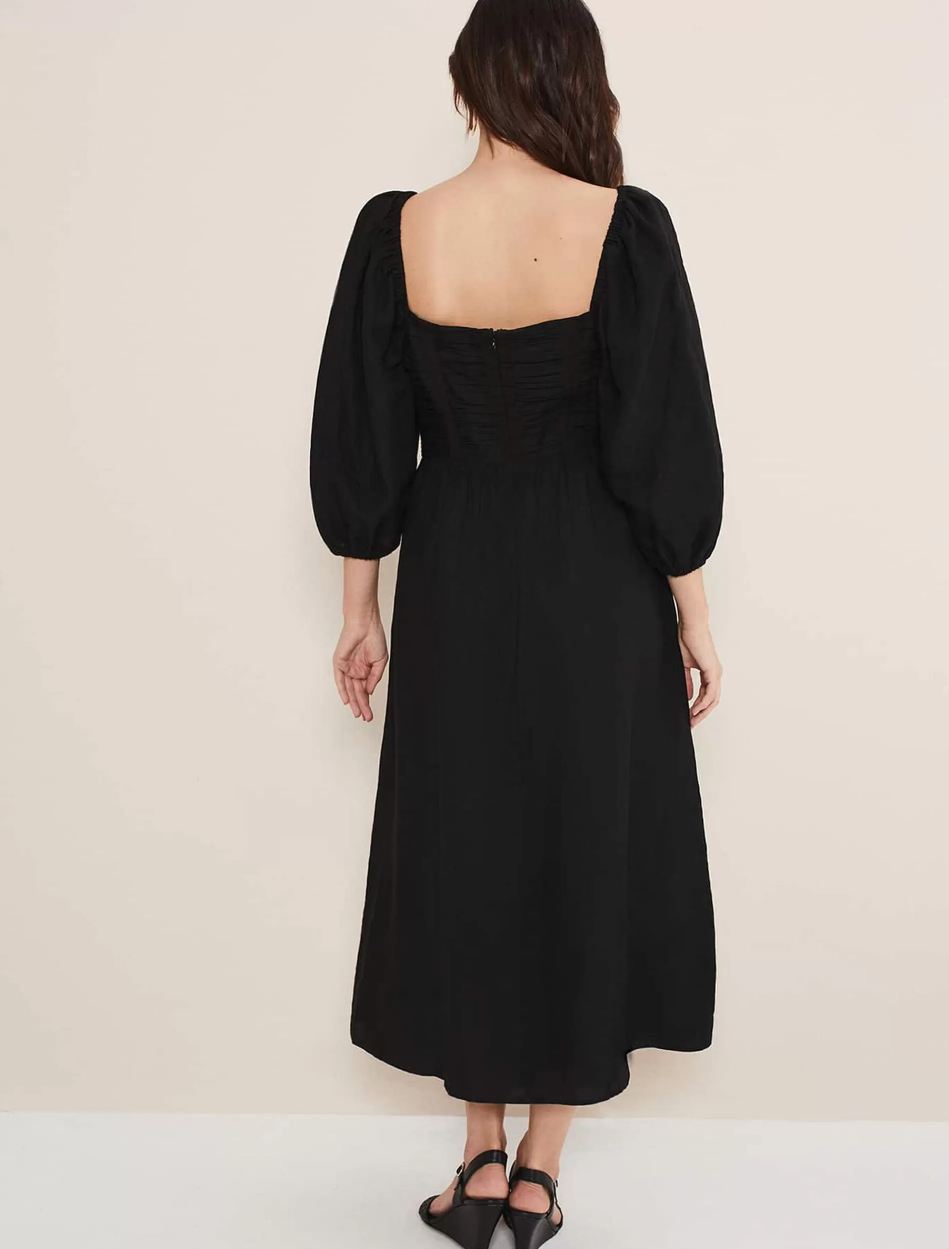 Phase Eight Shola Linen Ruched Bodice Dress Black Hot