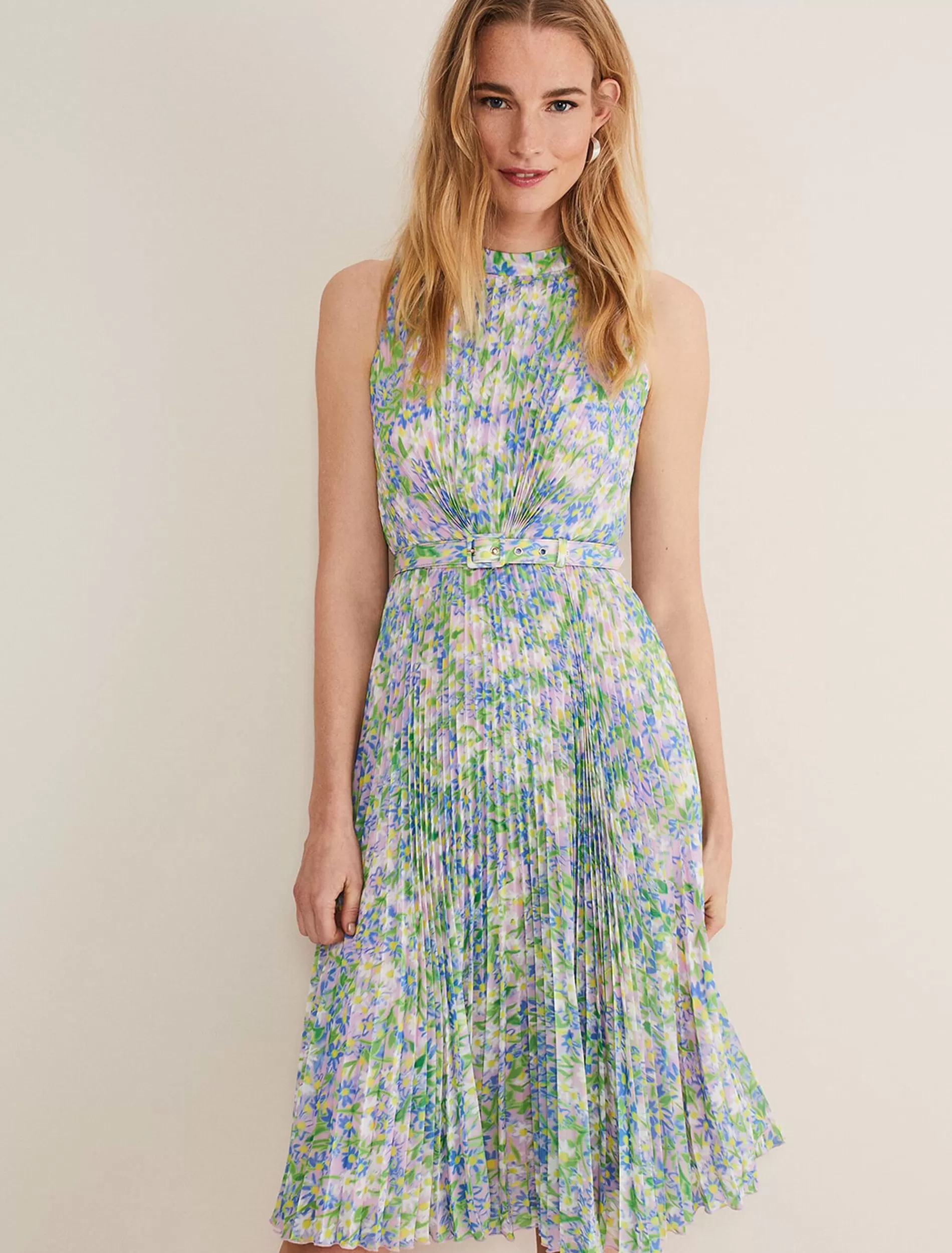 Phase Eight Simara Daisy Pleated Midi Dress Multi-Coloured Cheap