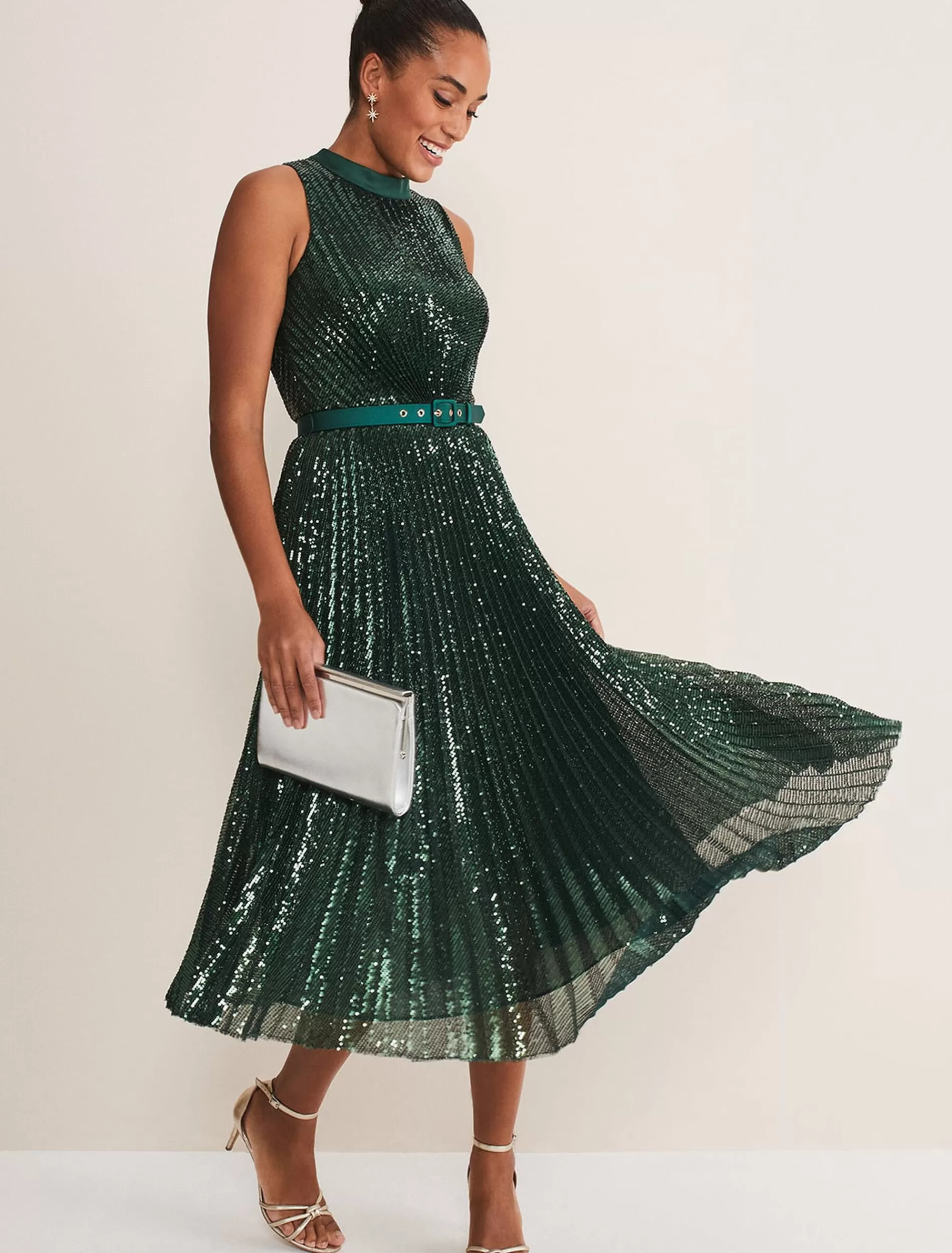 Phase Eight Simara Sequin Pleat Dress Green Outlet