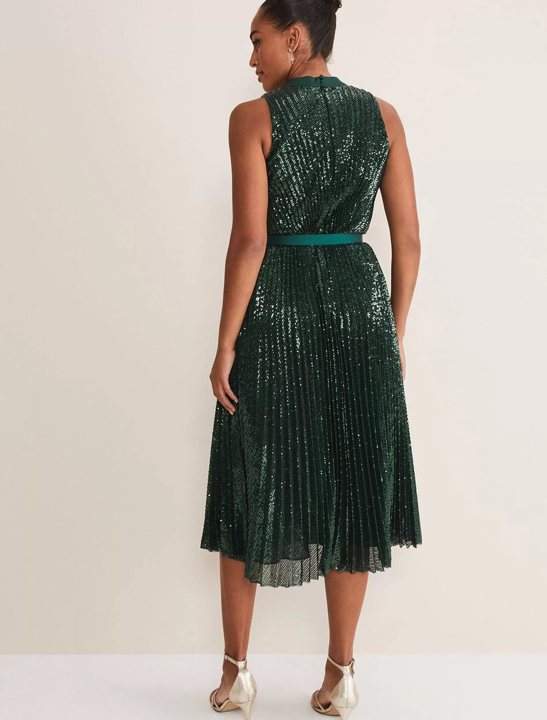 Phase Eight Simara Sequin Pleat Dress Green Outlet