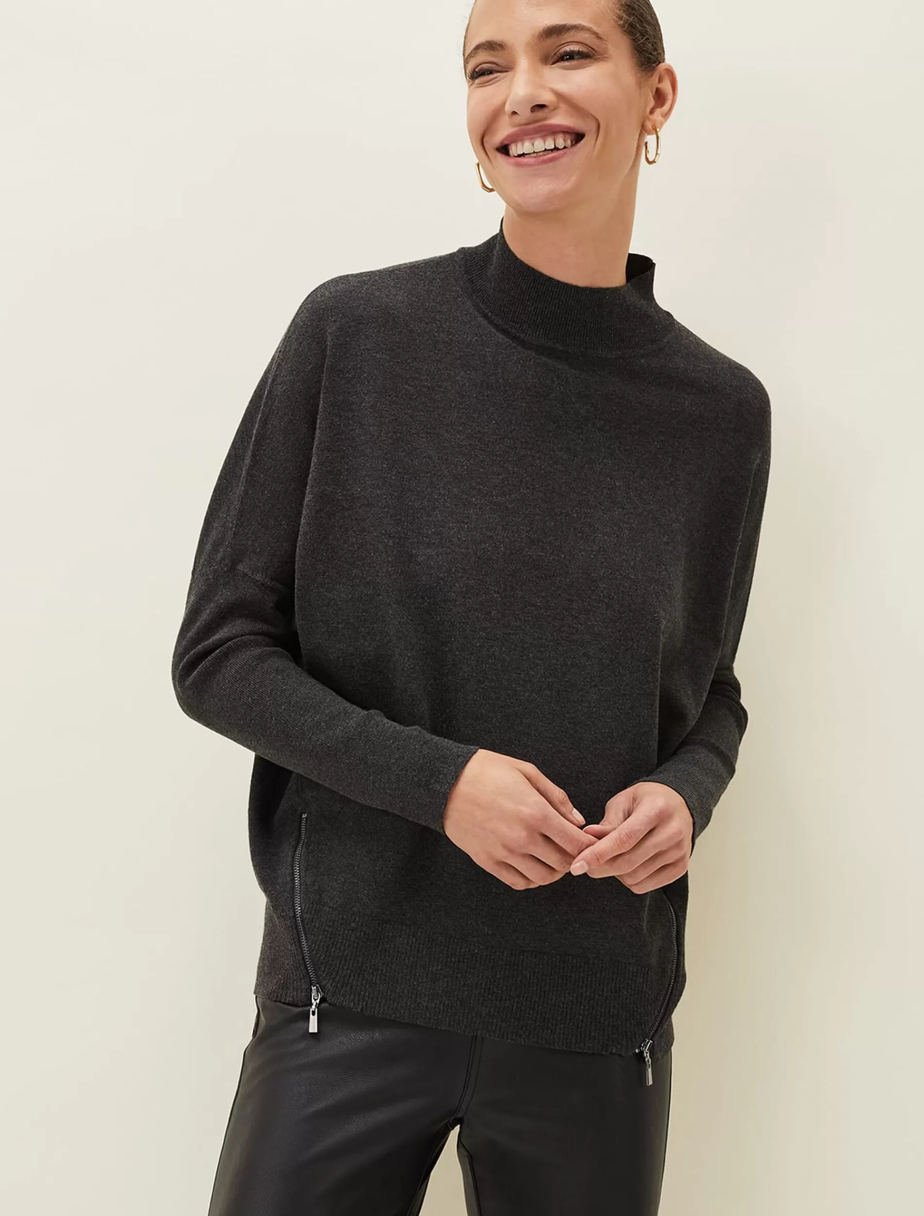 Phase Eight Skylar Roll Neck Zip Hem Jumper Charcoal Clearance