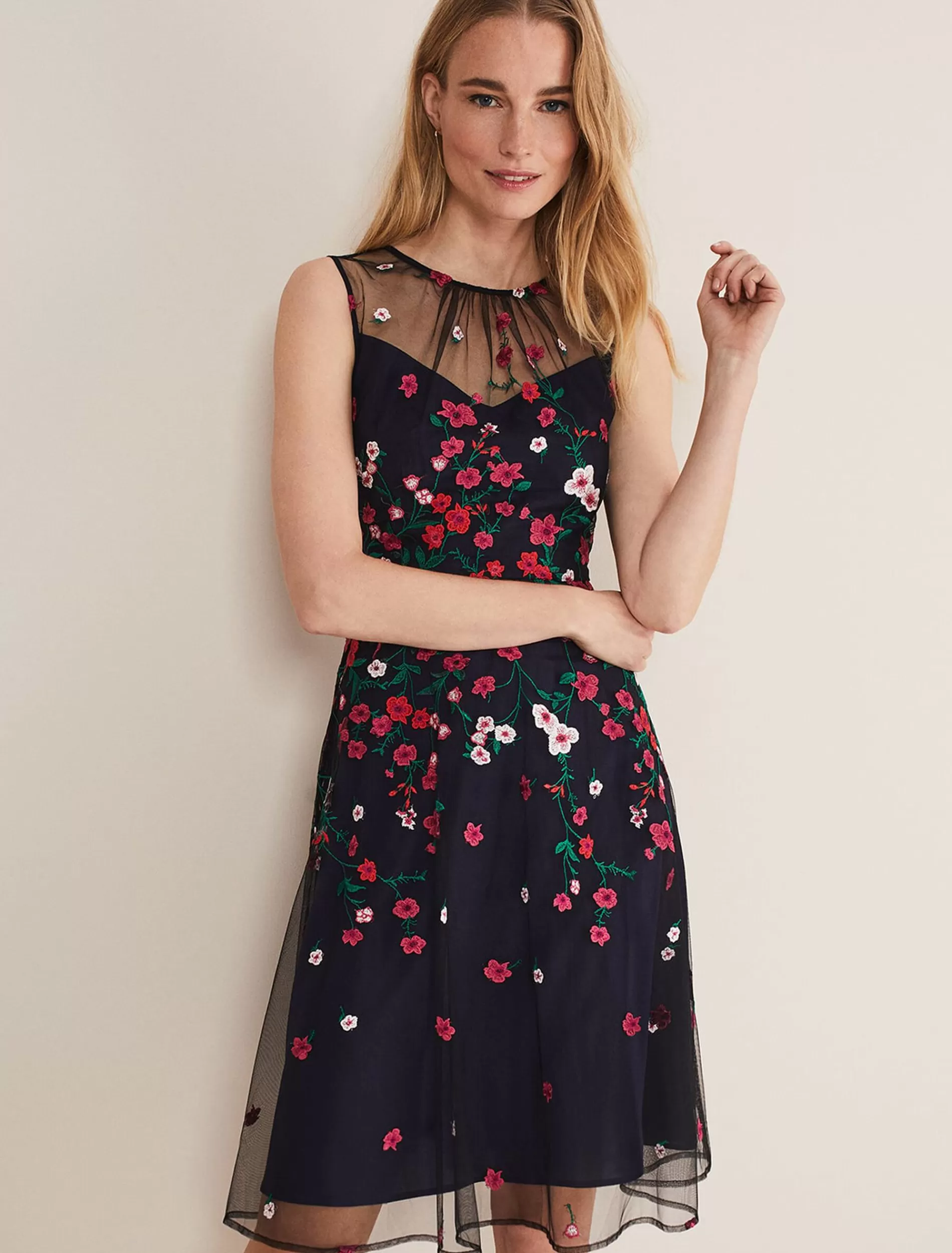 Phase Eight Sloane Mesh Ditsy Floral Dress Navy/Multi Fashion