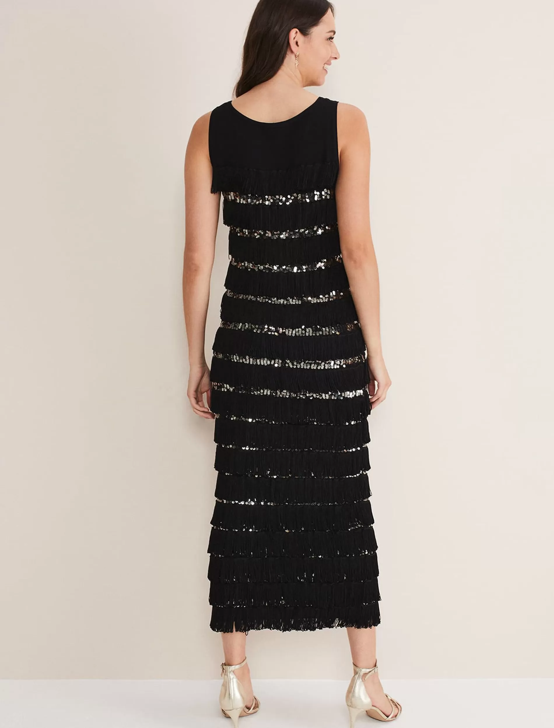 Phase Eight Sofianne Fringe Maxi Dress Black/Pewter Outlet