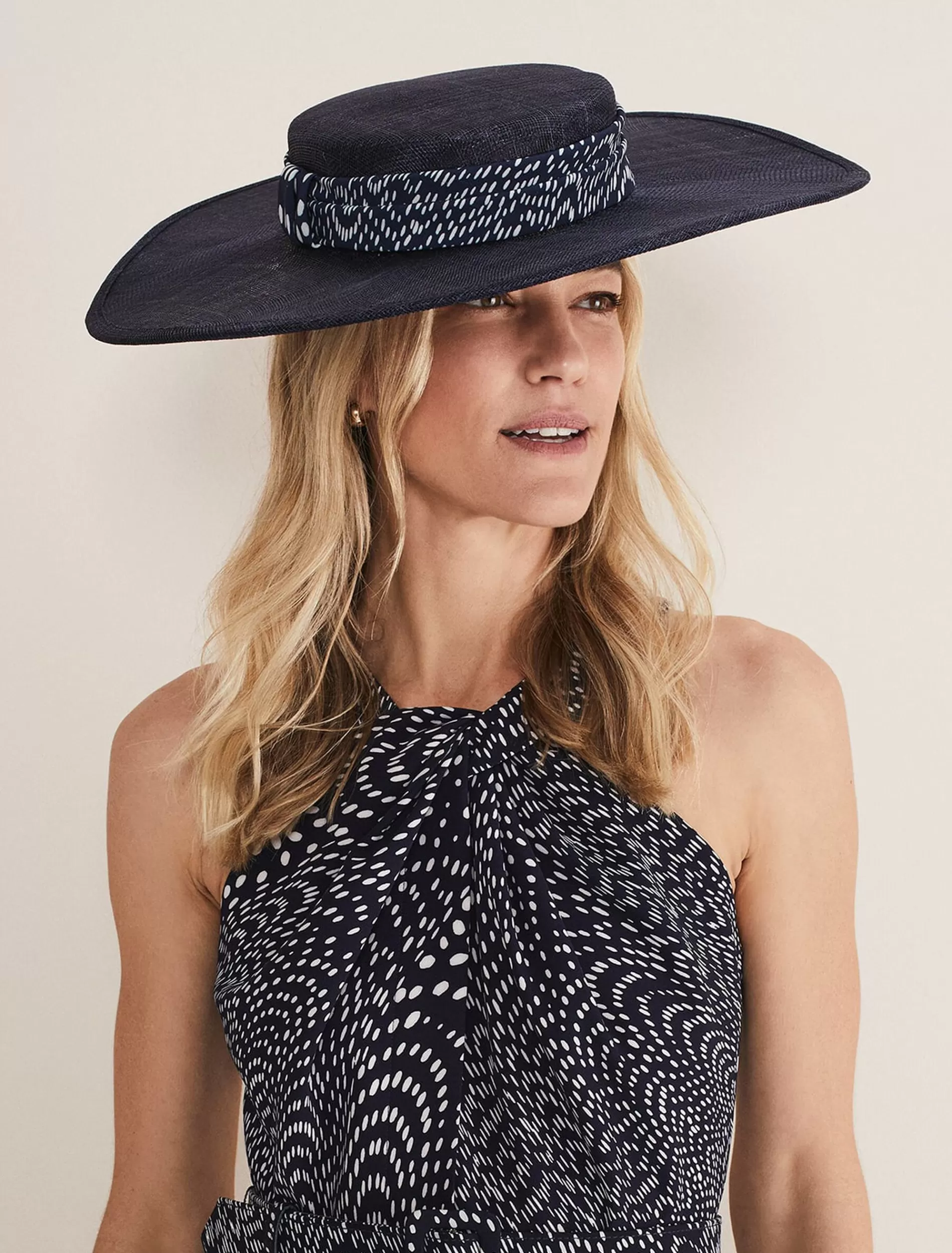 Phase Eight Spot Trim Boater Fascinator Navy Fashion