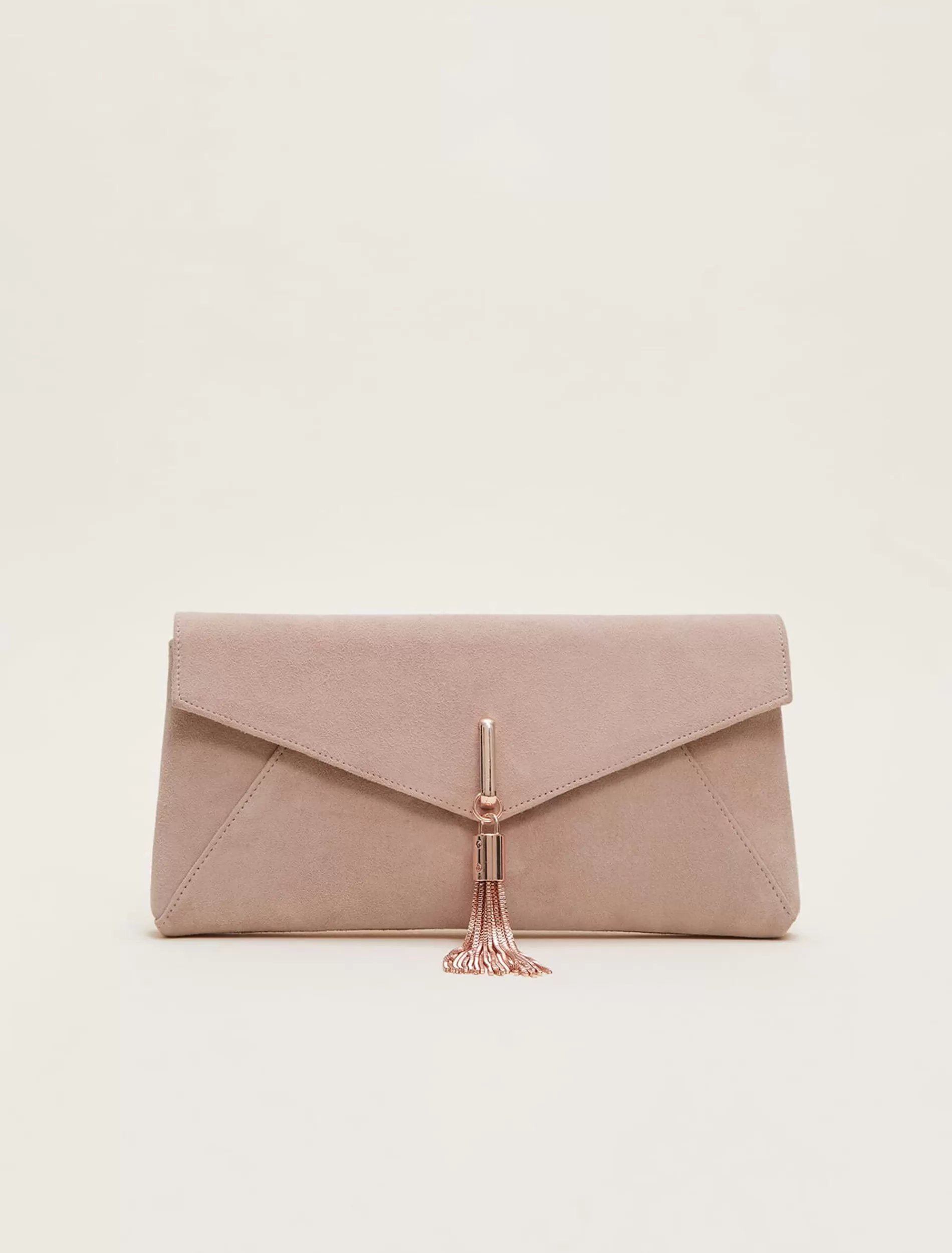 Phase Eight Suede Tassle Trim Clutch Bag Cameo Discount