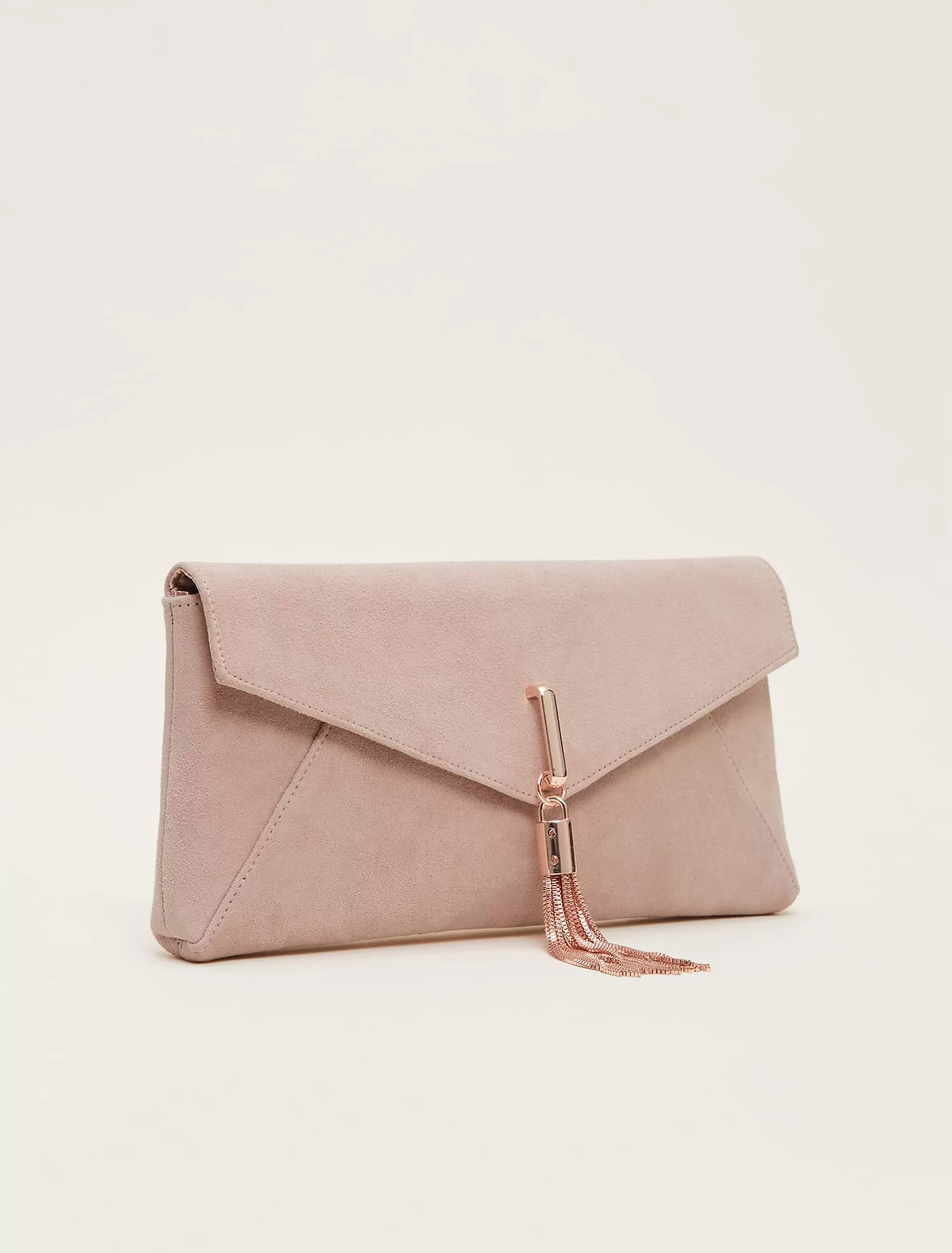 Phase Eight Suede Tassle Trim Clutch Bag Cameo Discount