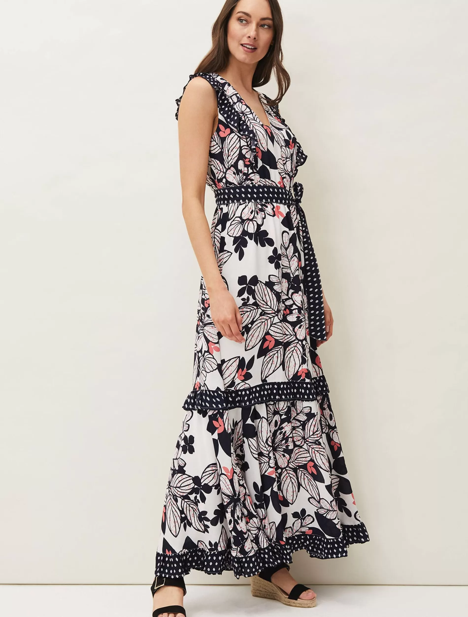 Phase Eight Suki Floral Tiered Maxi Dress Navy/Orange Outlet