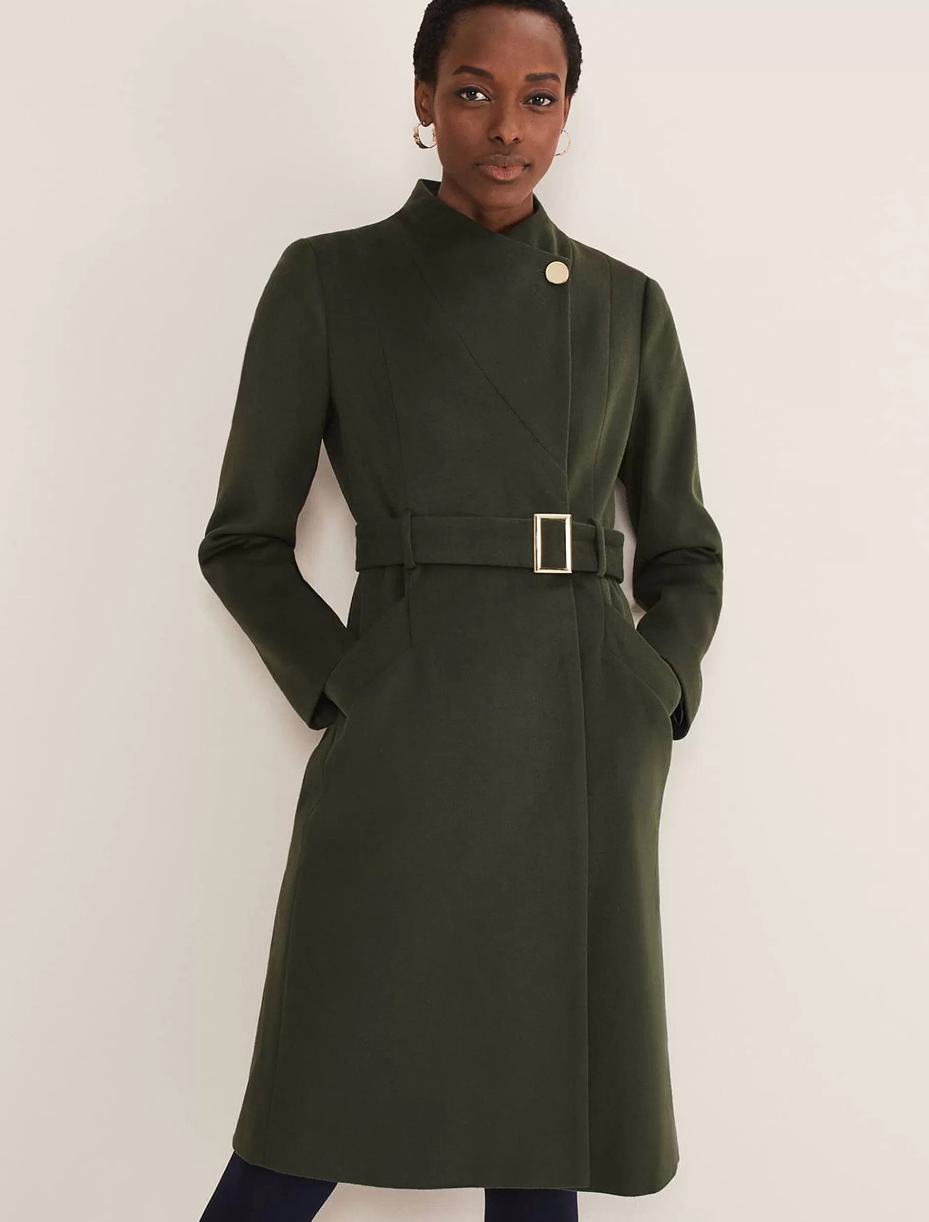 Phase Eight Susie Collarless Wrap Coat Olive Online
