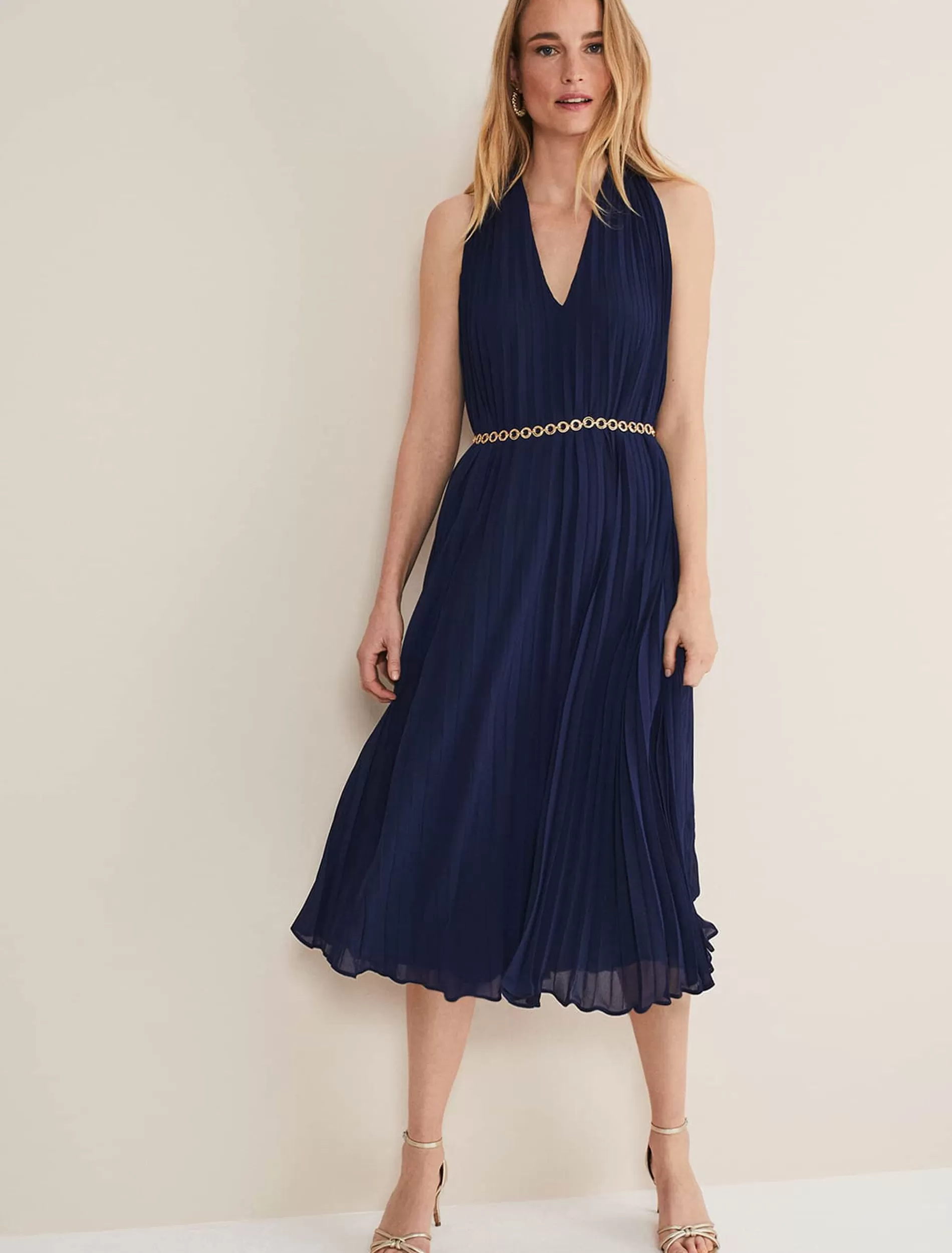 Phase Eight Tabitha Pleated Midi Dress French Navy New