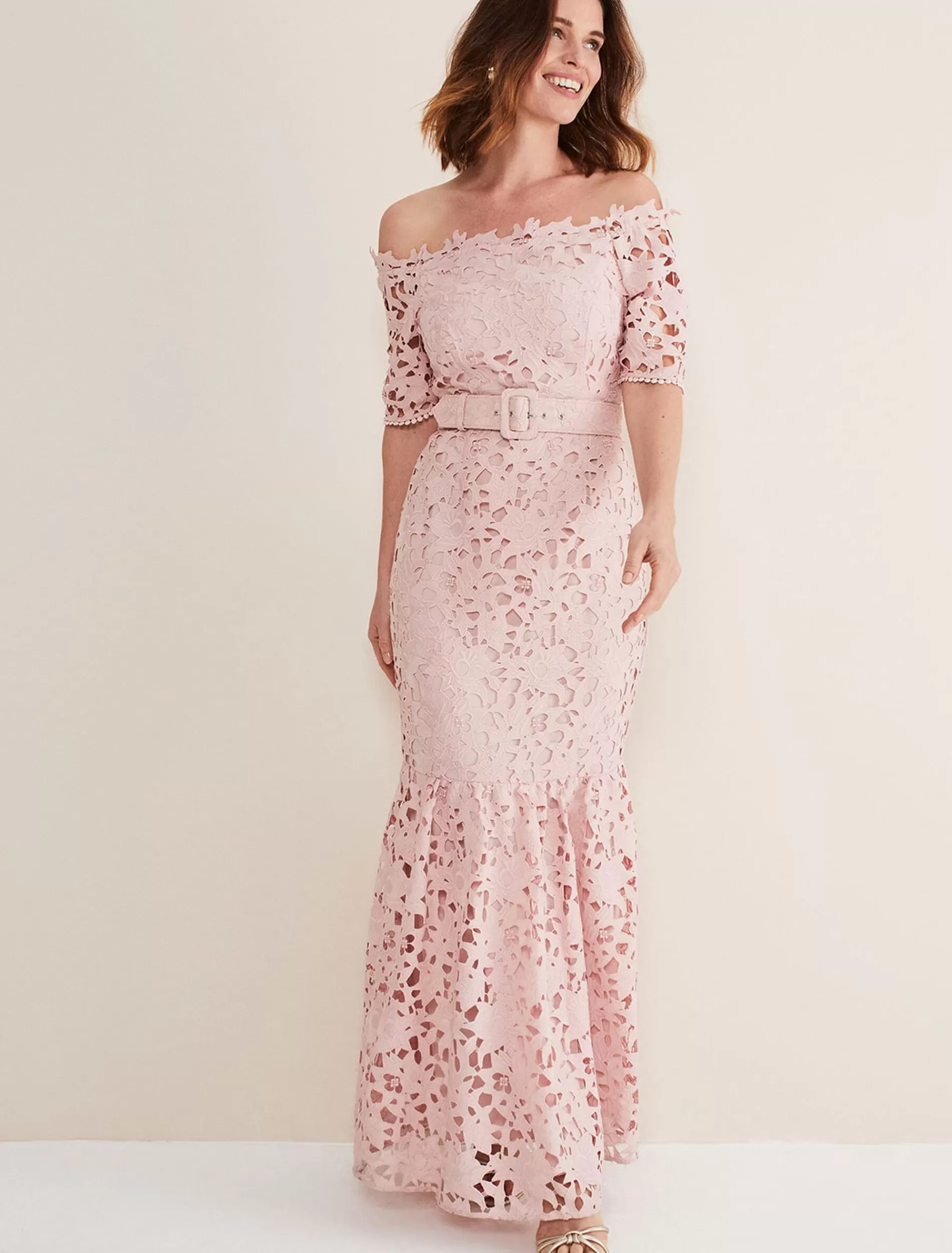 Phase Eight Tallulla Lace Bardot Maxi Dress Petal Pink Flash Sale