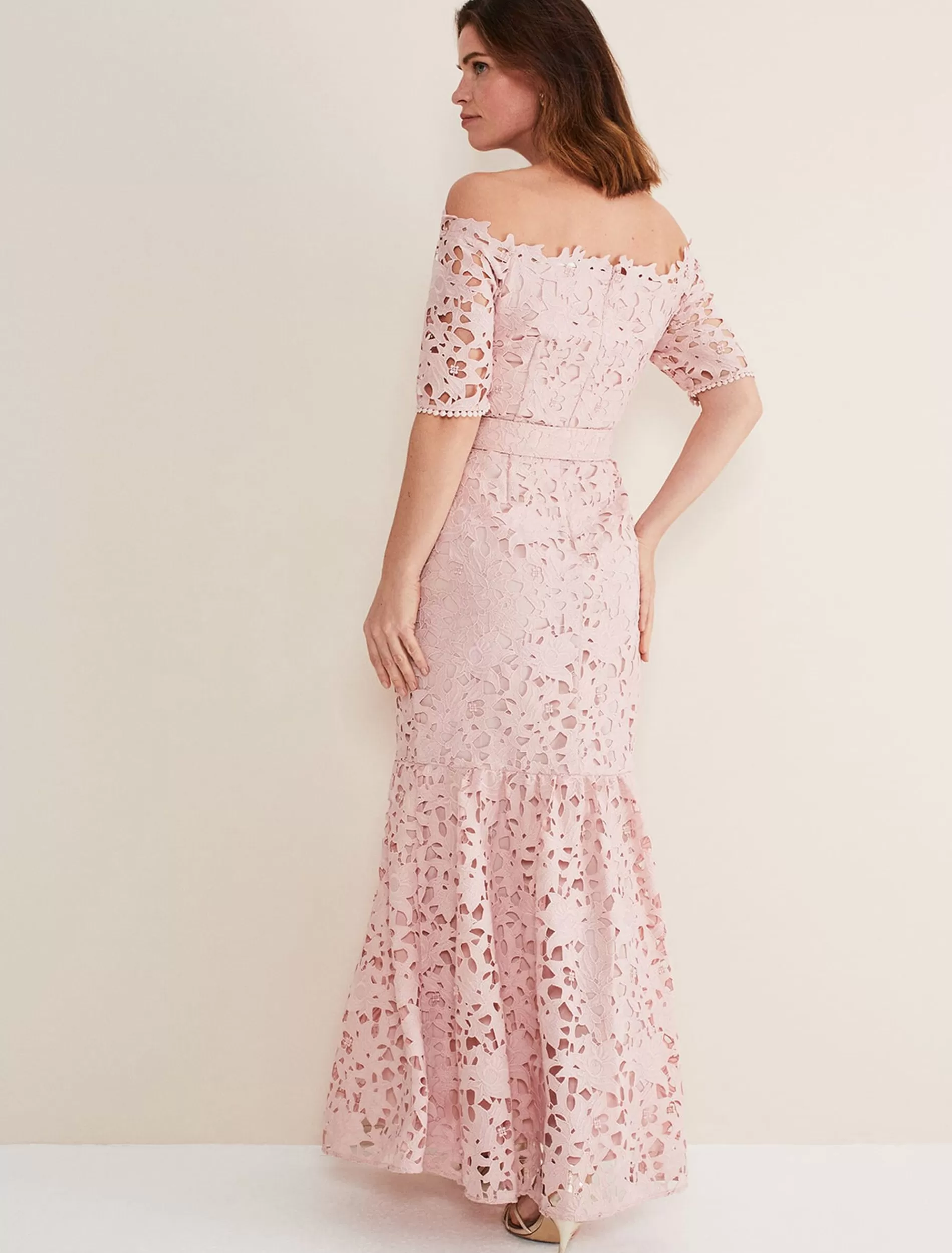 Phase Eight Tallulla Lace Bardot Maxi Dress Petal Pink Flash Sale