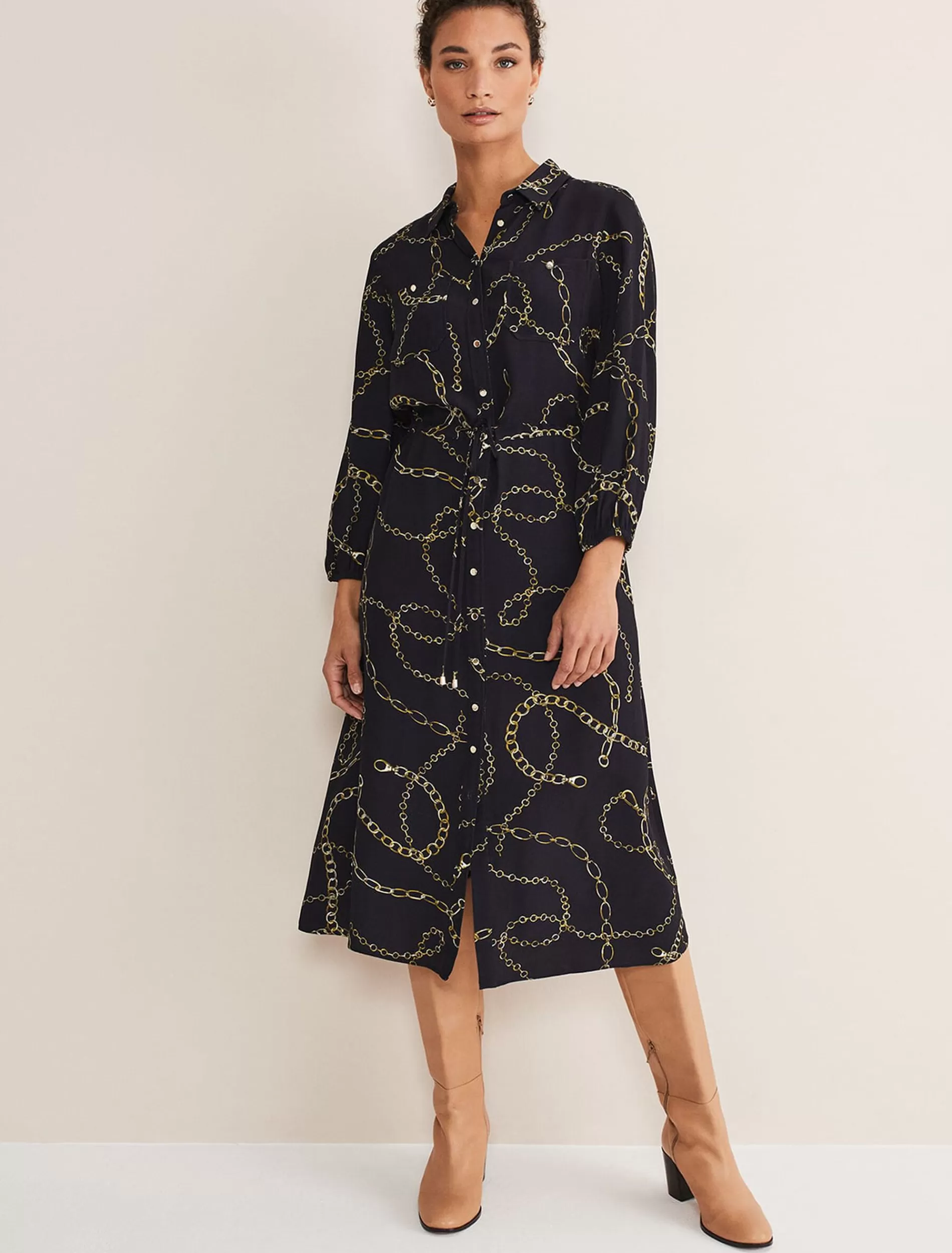 Phase Eight Tana Chain Print Shirt Midi Dress Navy Online