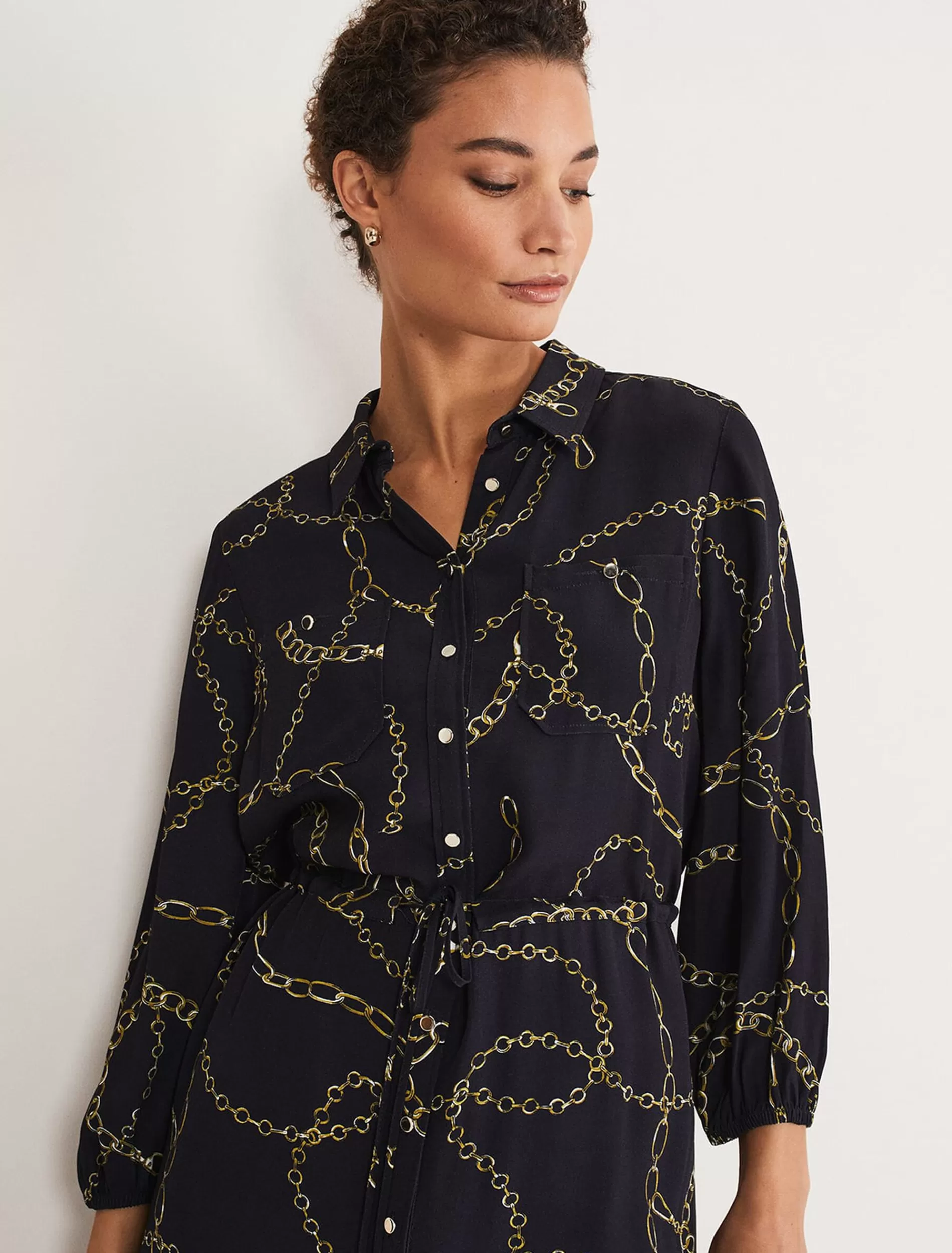 Phase Eight Tana Chain Print Shirt Midi Dress Navy Online