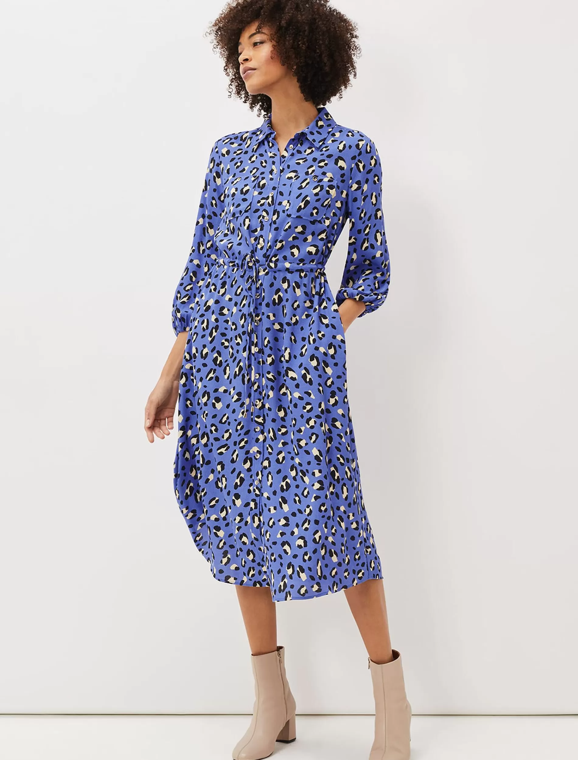 Phase Eight Tana Leopard Print Midi Shirt Dress Blue Store