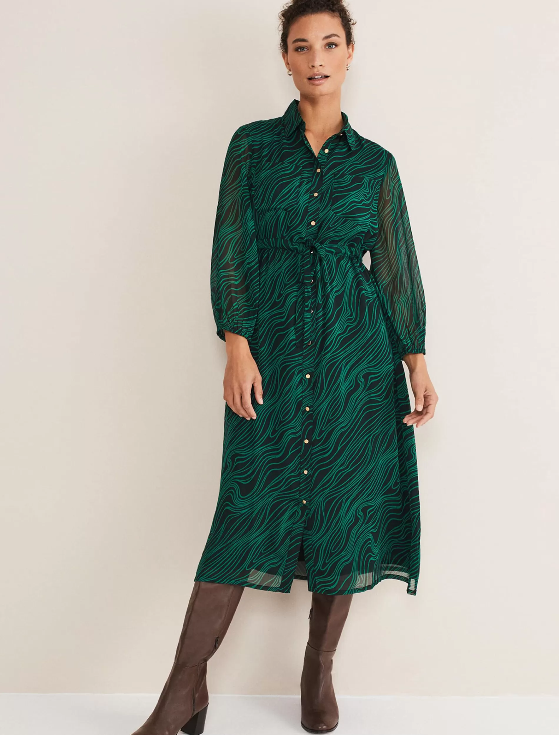Phase Eight Tana Swirl Chiffon Midi Dress Dark Green/Light Green Fashion